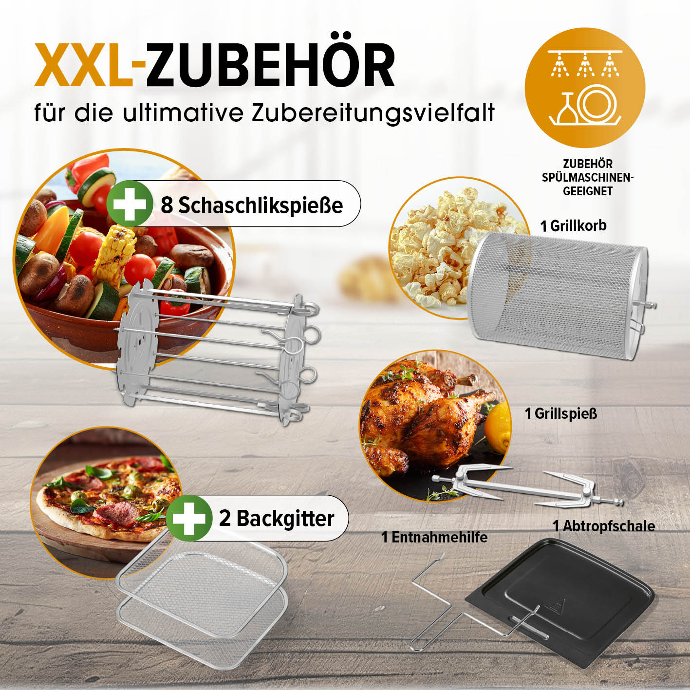 Das Bild zeigt Kochzubehör: Spieße, Grillkorb, Spieß, Backgitter, Abtropfschale und Entnahmehilfe. Text weist auf XXL-Zubehör hin.