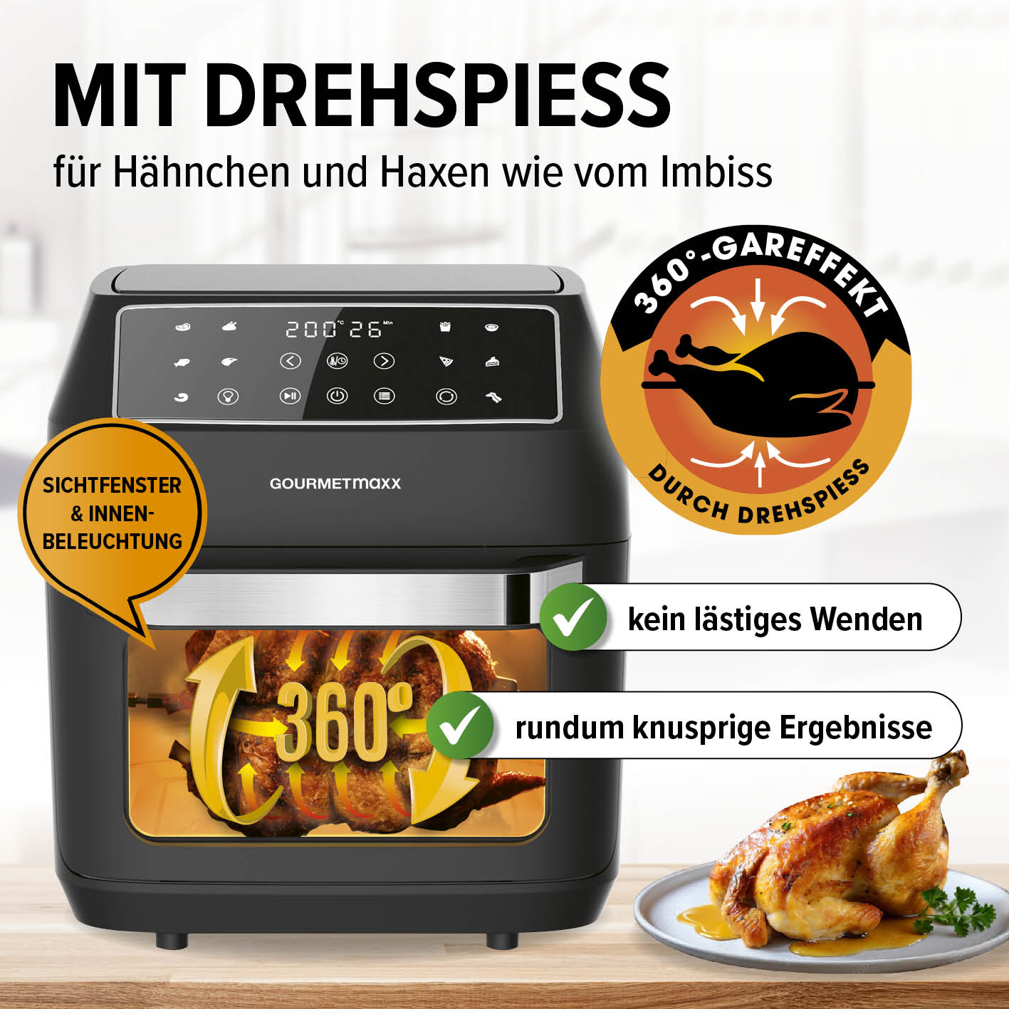 Schwarze Heißluftfritteuse mit gebratenem Huhn. Text enthält '360°', 'knusprige Ergebnisse' und 'Drehspieß'.