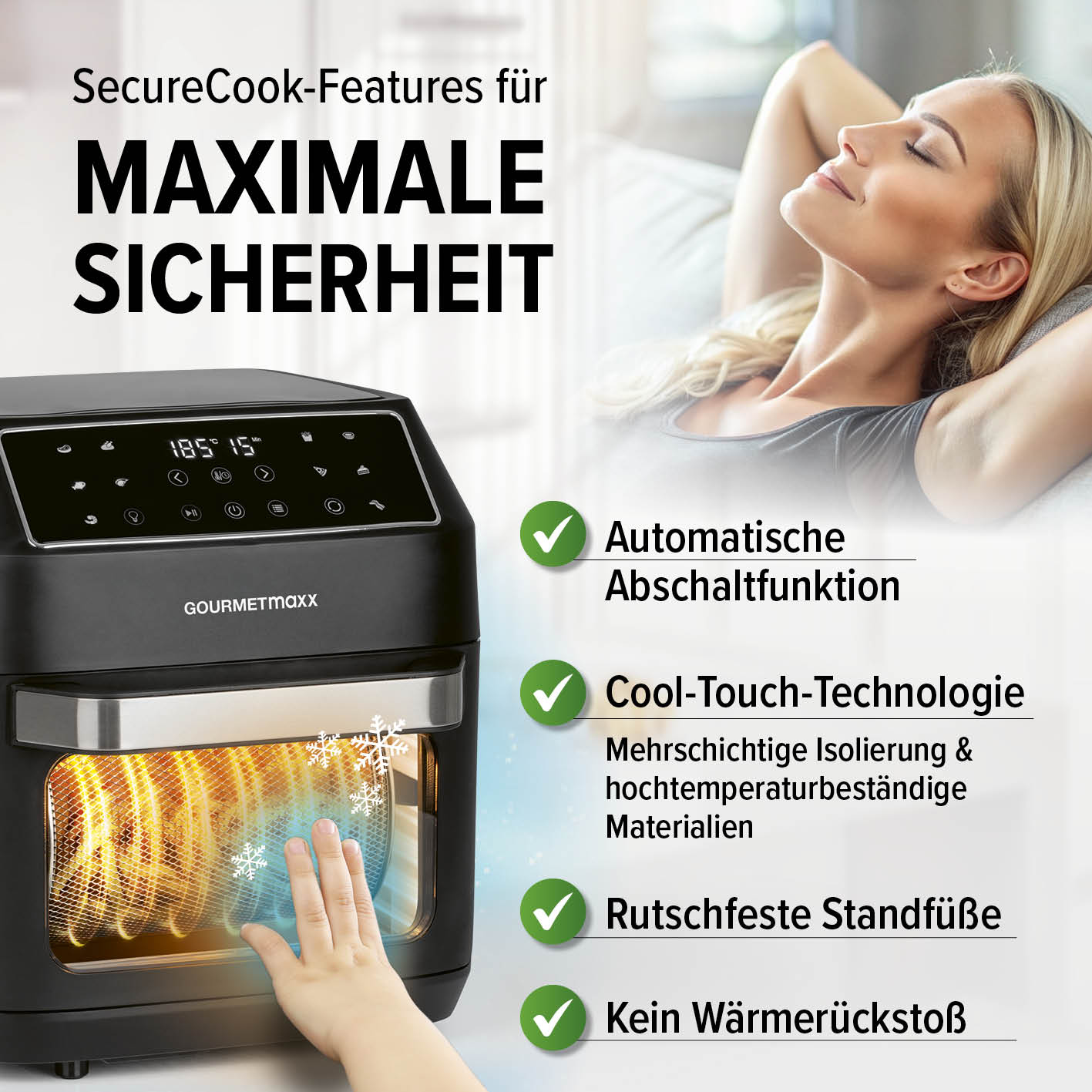 Ein Heißluftfritteuse mit einer Hand in der Nähe des Glases. Eine Frau ruht im Hintergrund. Text über Funktionen befindet sich rechts.