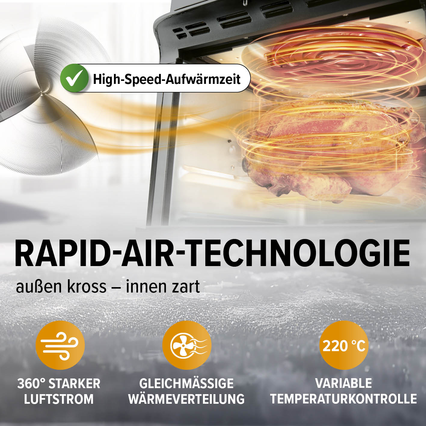 Ein Ofen mit einem Huhn darin. Text: Rapid-Air-Technologie, 360° Luftstrom, gleichmäßige Wärme, variable Temperatur. High-Speed-Aufwärmzeit.
