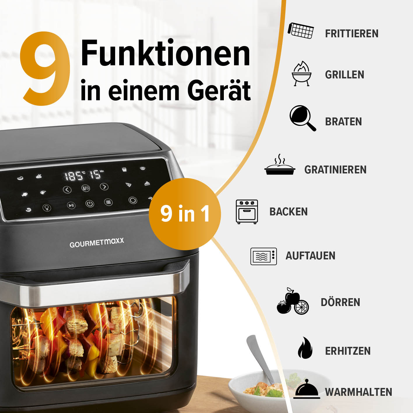 Eine Heißluftfritteuse mit gekochten Speisen. Sie zeigt 9 Funktionen. Text: 9 Funktionen in einem Gerät.