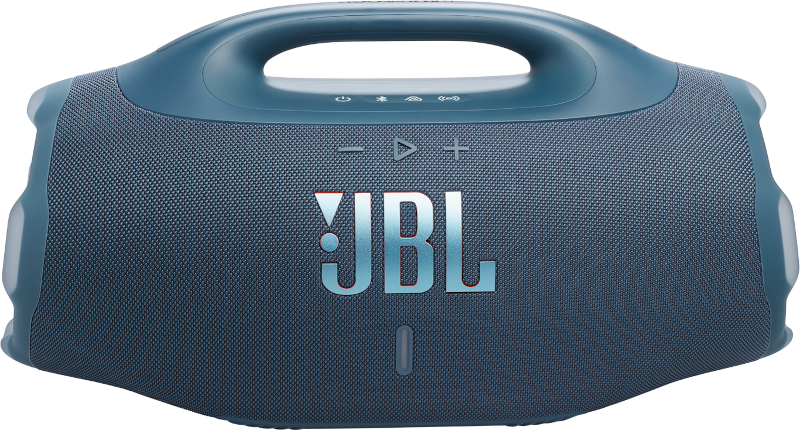 Ein teal JBL Boombox-Lautsprecher mit Griff. Zu den Merkmalen gehören Lautstärkeregler und das JBL-Logo.