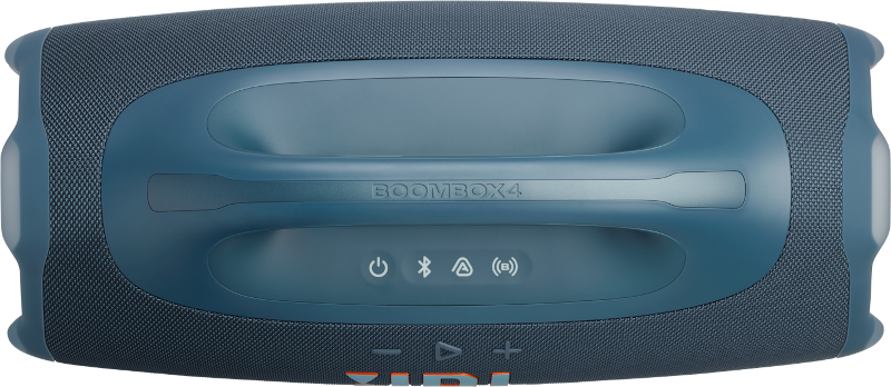 Ein türkisfarbener JBL Boombox 4-Lautsprecher. Er hat einen Griff und Steuertasten. Der Lautsprecher hat ein Mesh-Design an den Seiten.