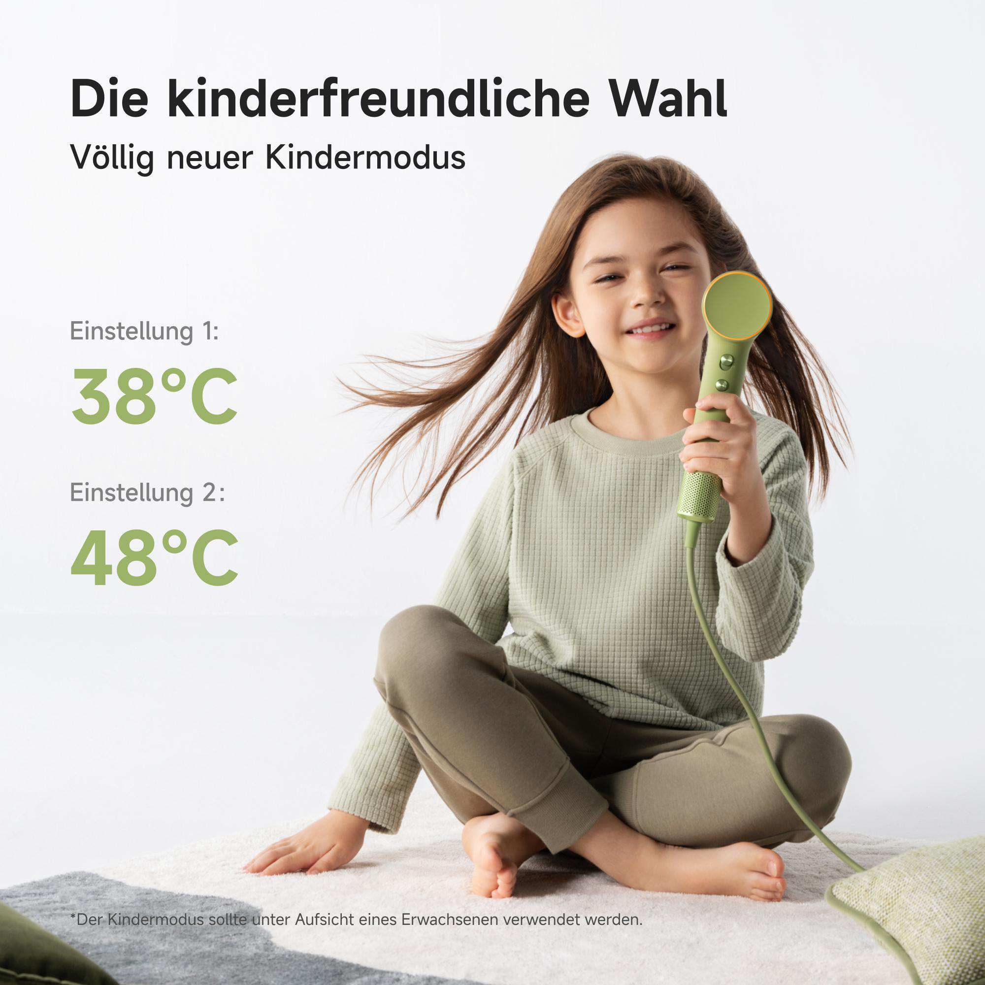 Ein Mädchen hält ein grünes Gerät und lächelt. Text lautet 'Die kinderfreundliche Wahl'. Temperatureinstellungen werden angezeigt, 38°C und 48°C.