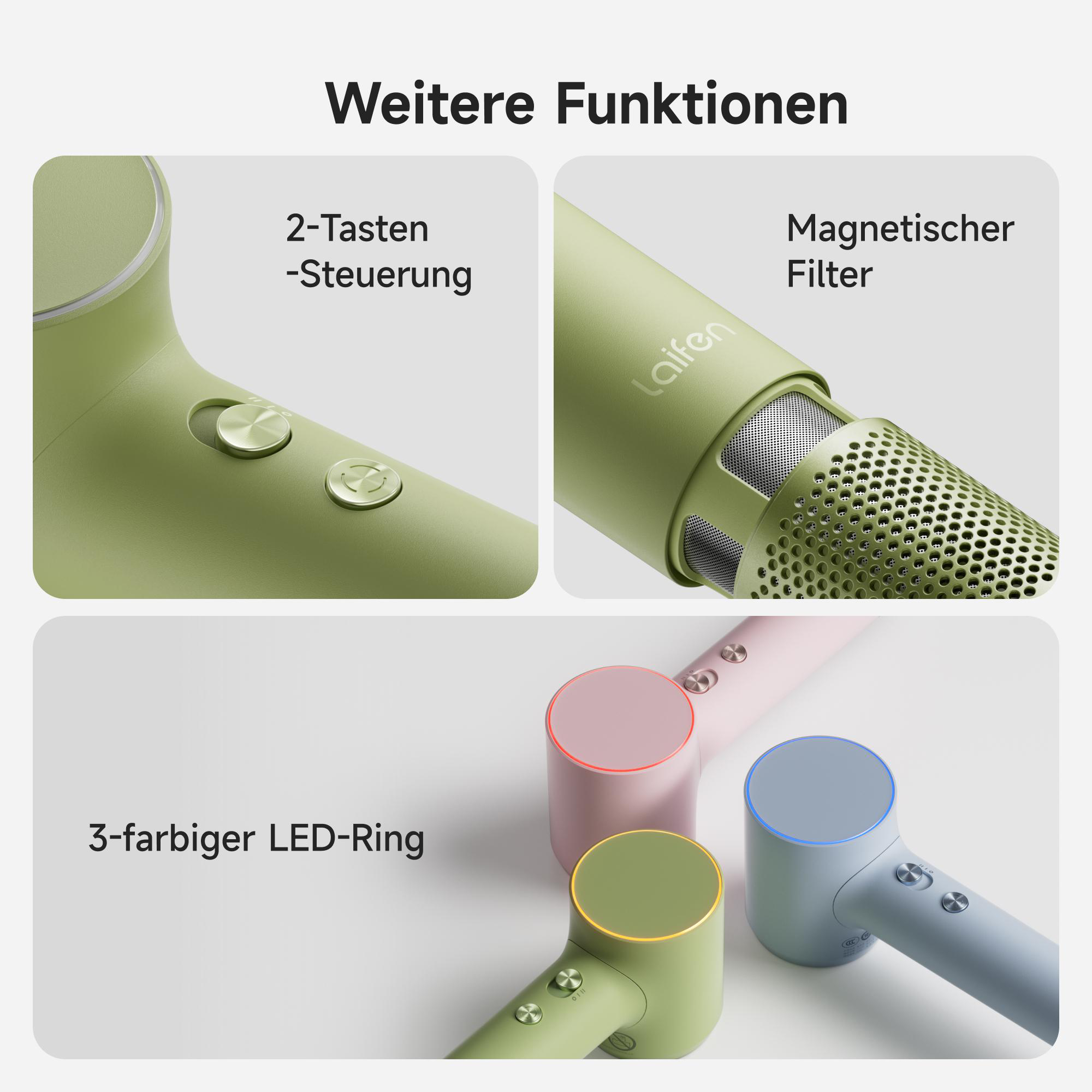 Das Bild zeigt einen Haartrockner mit verschiedenen Funktionen. Details umfassen Knöpfe, einen Filter und einen LED-Ring.