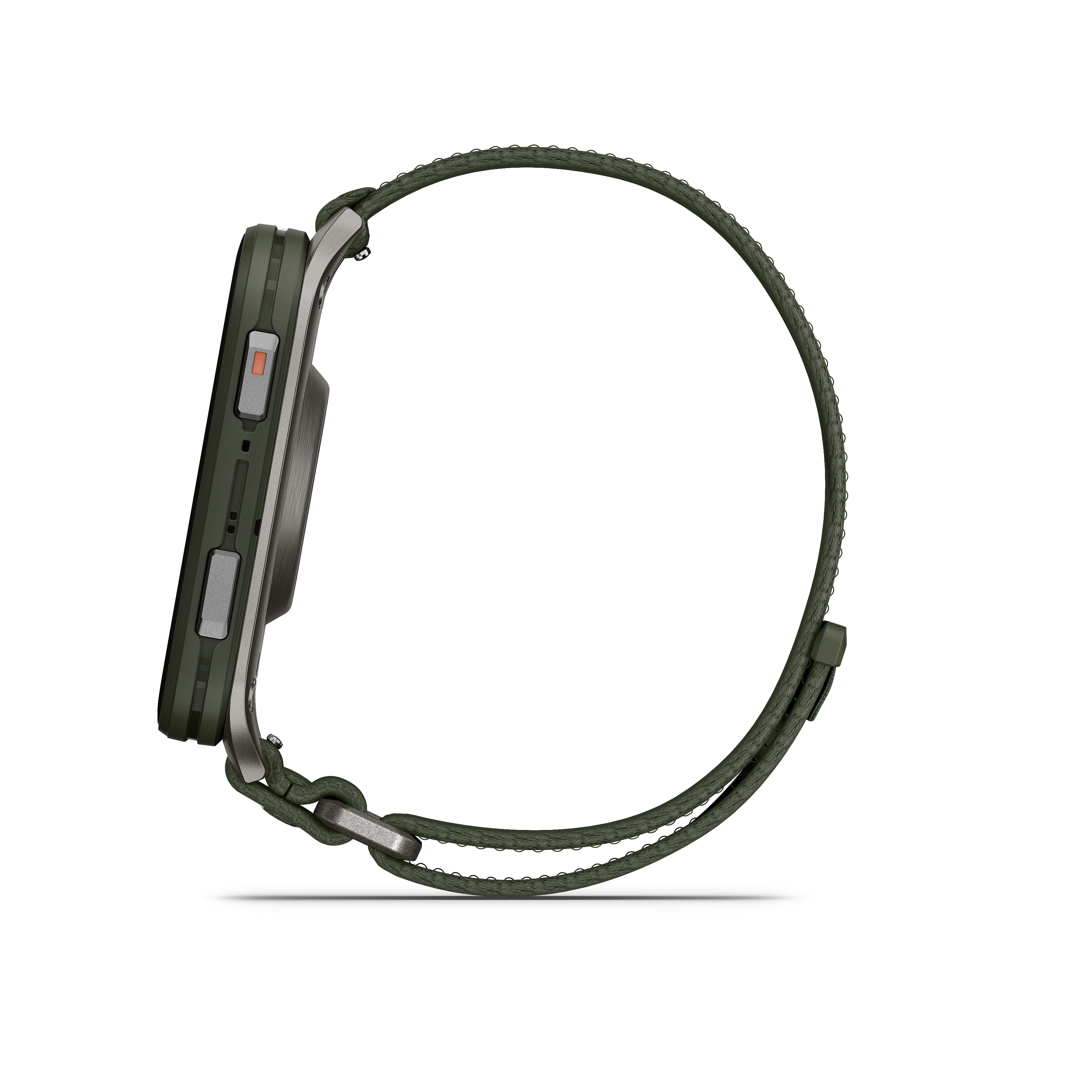 Seitenansicht einer Smartwatch mit grünem Armband. Die Uhr hat ein dunkelgrünes Gehäuse mit Knöpfen und einem Bildschirm.