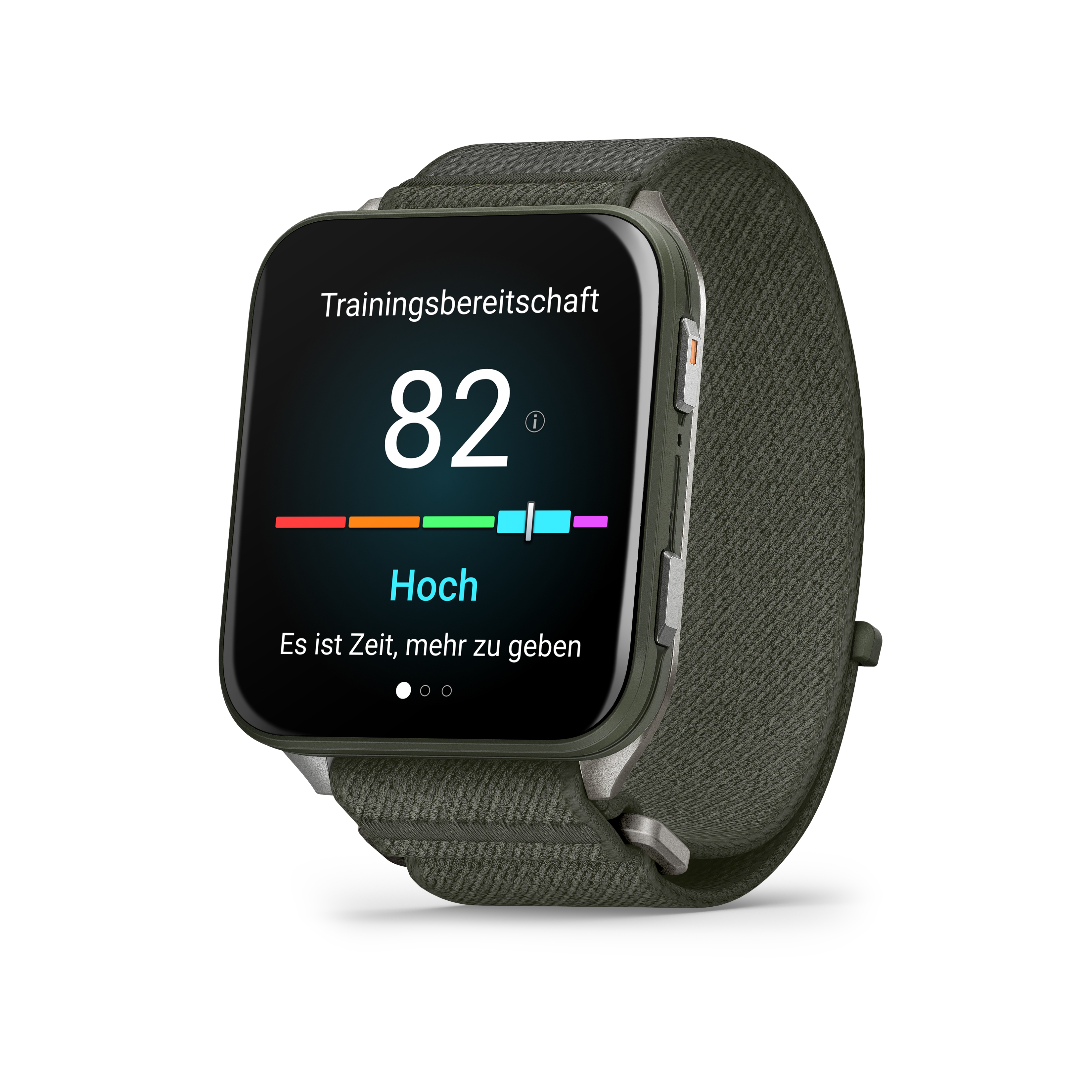 Eine Smartwatch zeigt '82' für die Trainingsbereitschaft. Sie hat ein grünes Armband und einen dunklen Bildschirm mit farbigen Balken.