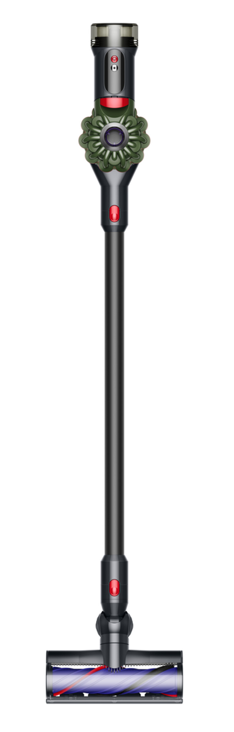 Bezprzewodowy odkurzacz Dyson. Szary i czarny z zieloną głowicą i czerwonym przyciskiem.