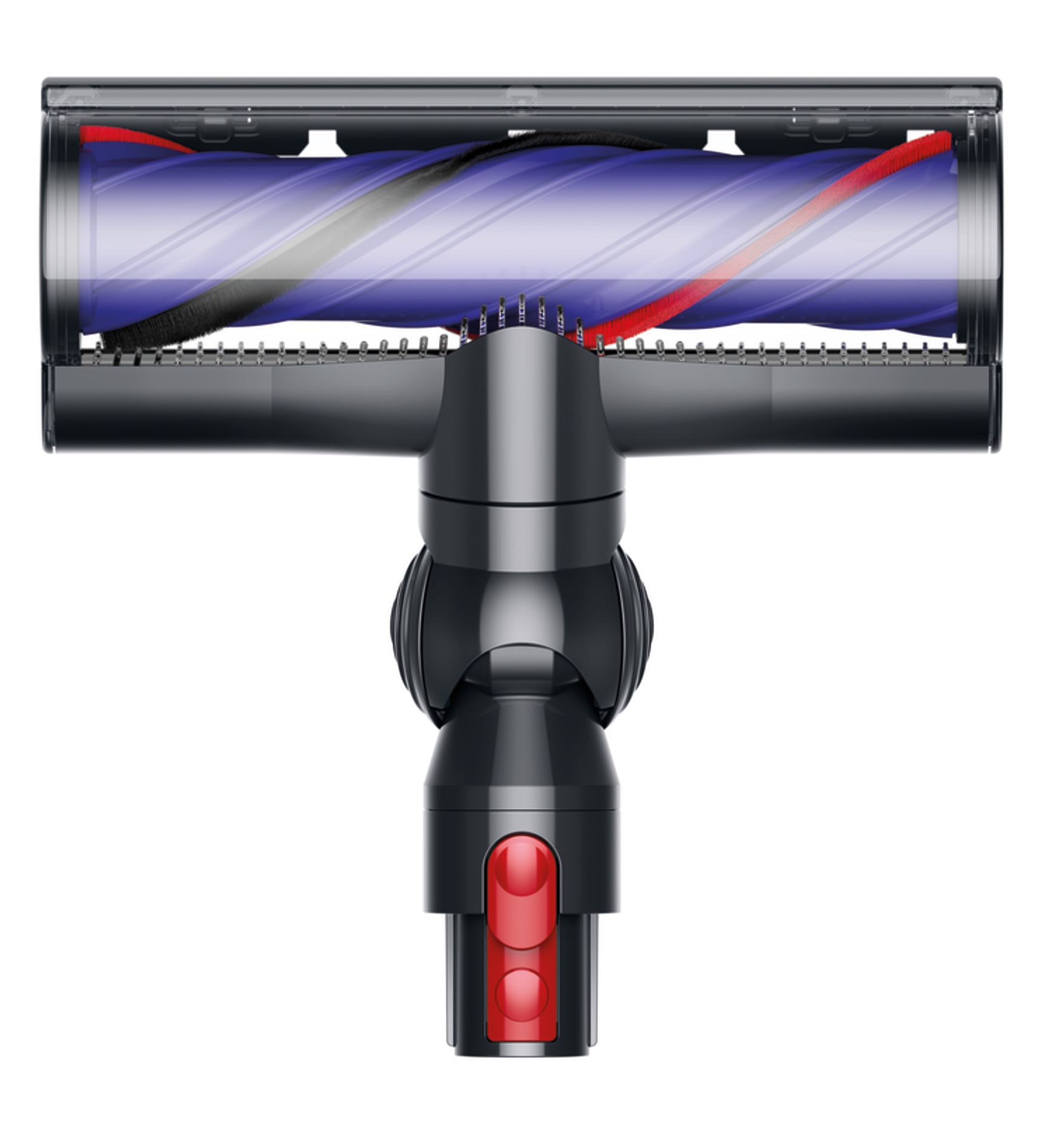 Głowica odkurzacza, czarna i szara, ze szczotką obrotową. Na szczotce widoczne czerwone i czarne paski.