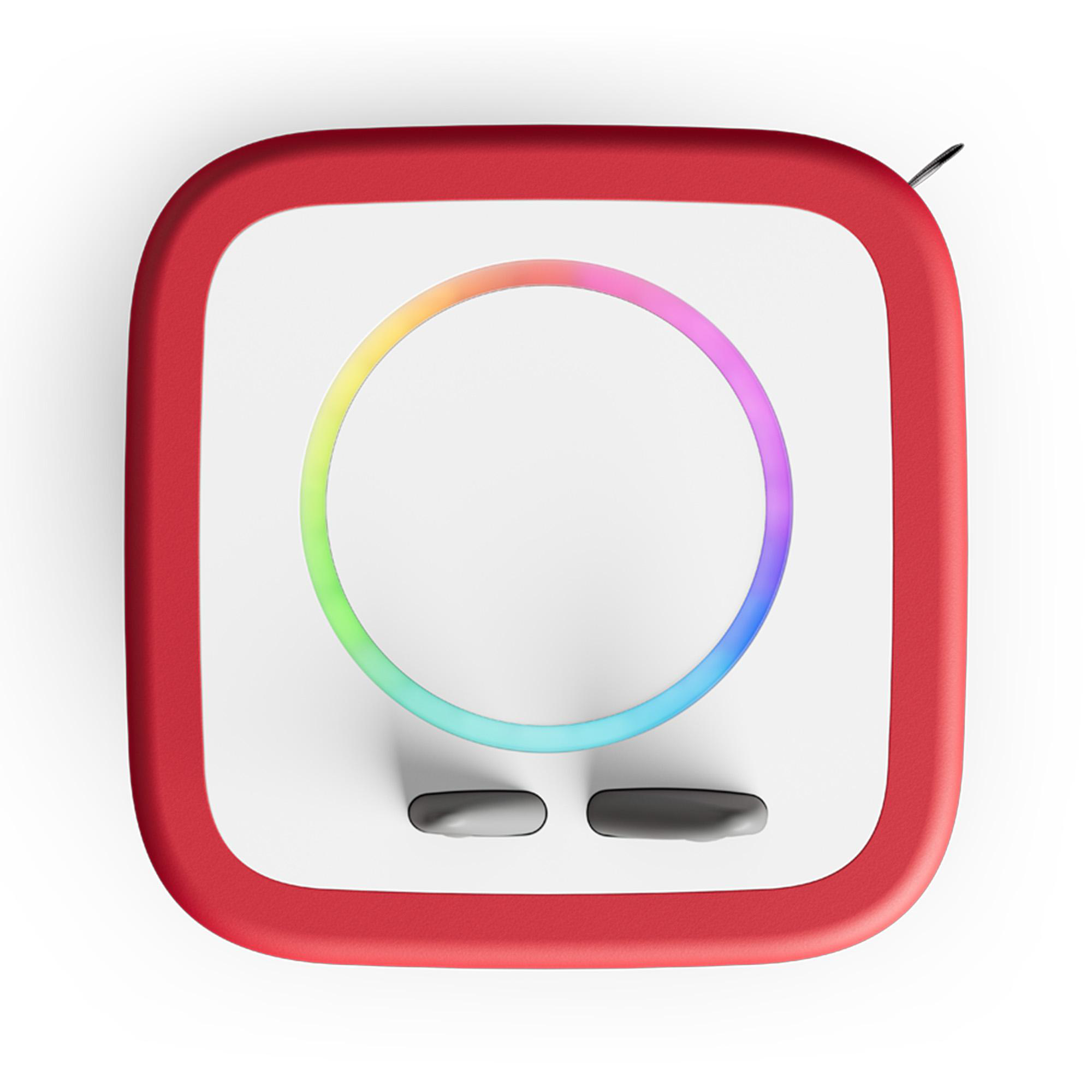 Ein quadratisches Gerät mit rotem Rand und weißer Mitte. Ein Regenbogenring umgibt einen weißen Kreis. Am unteren Rand befinden sich zwei Knöpfe.