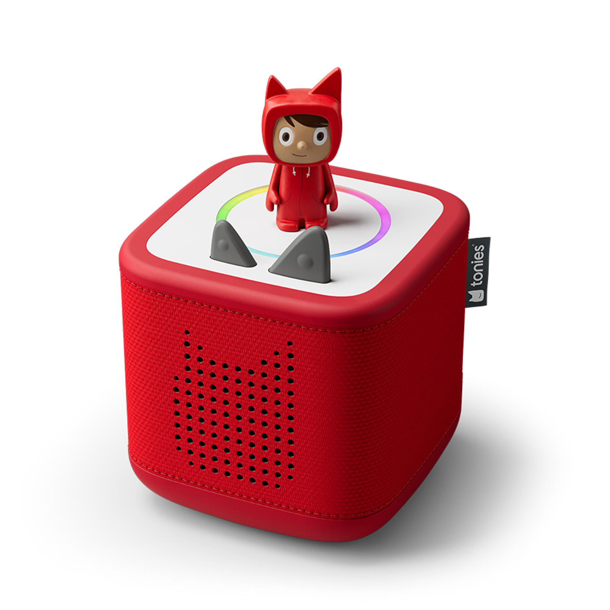 Eine rote Toniebox mit einer Tonie-Figur in einem Fuchs-Outfit. Die Box hat eine weiße Oberseite mit einem bunten Ring.