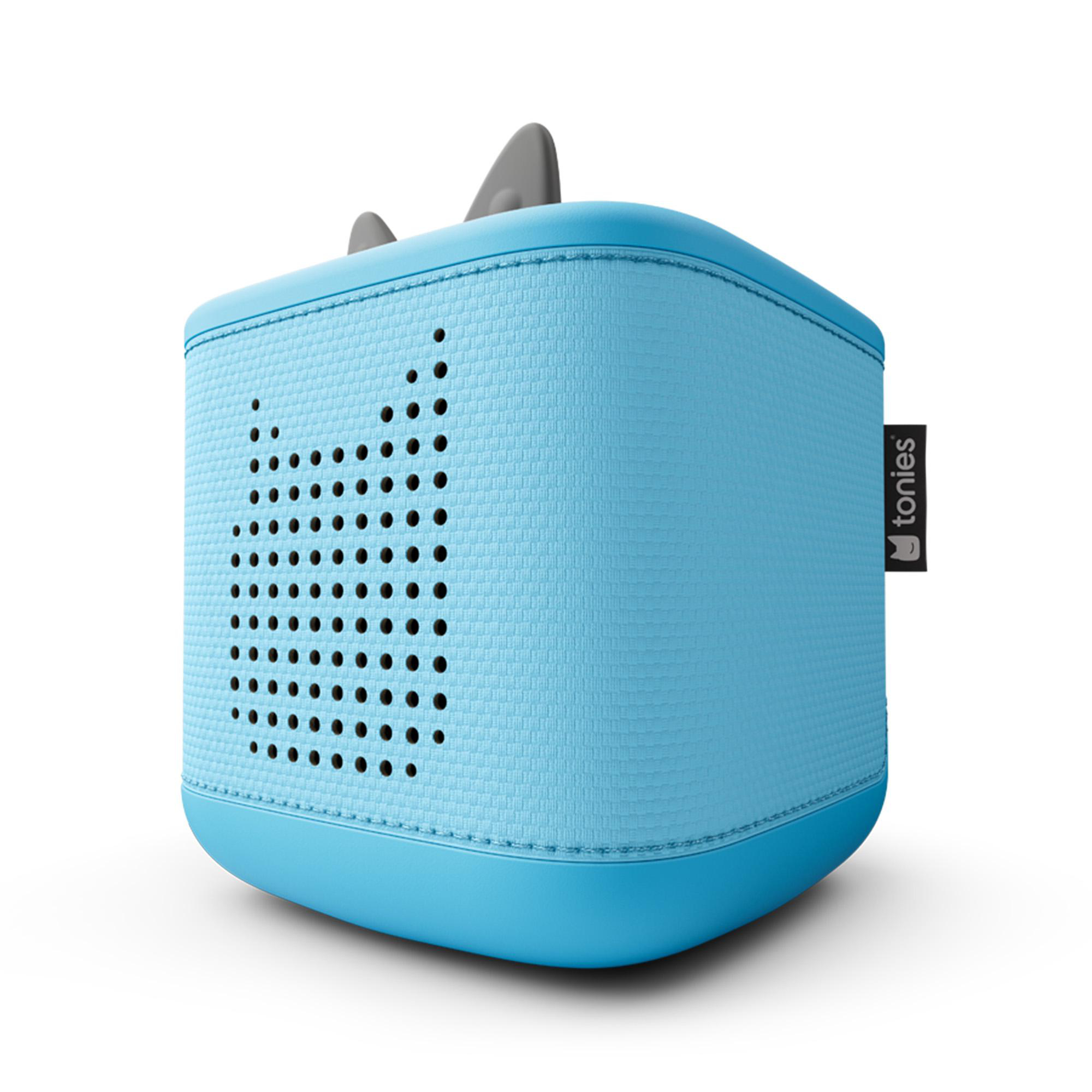 Ein blaues Toniebox-Lautsprecher mit perforierter Vorderseite, die eine Katze bildet, zwei grauen Ohren und einem schwarzen Logo.