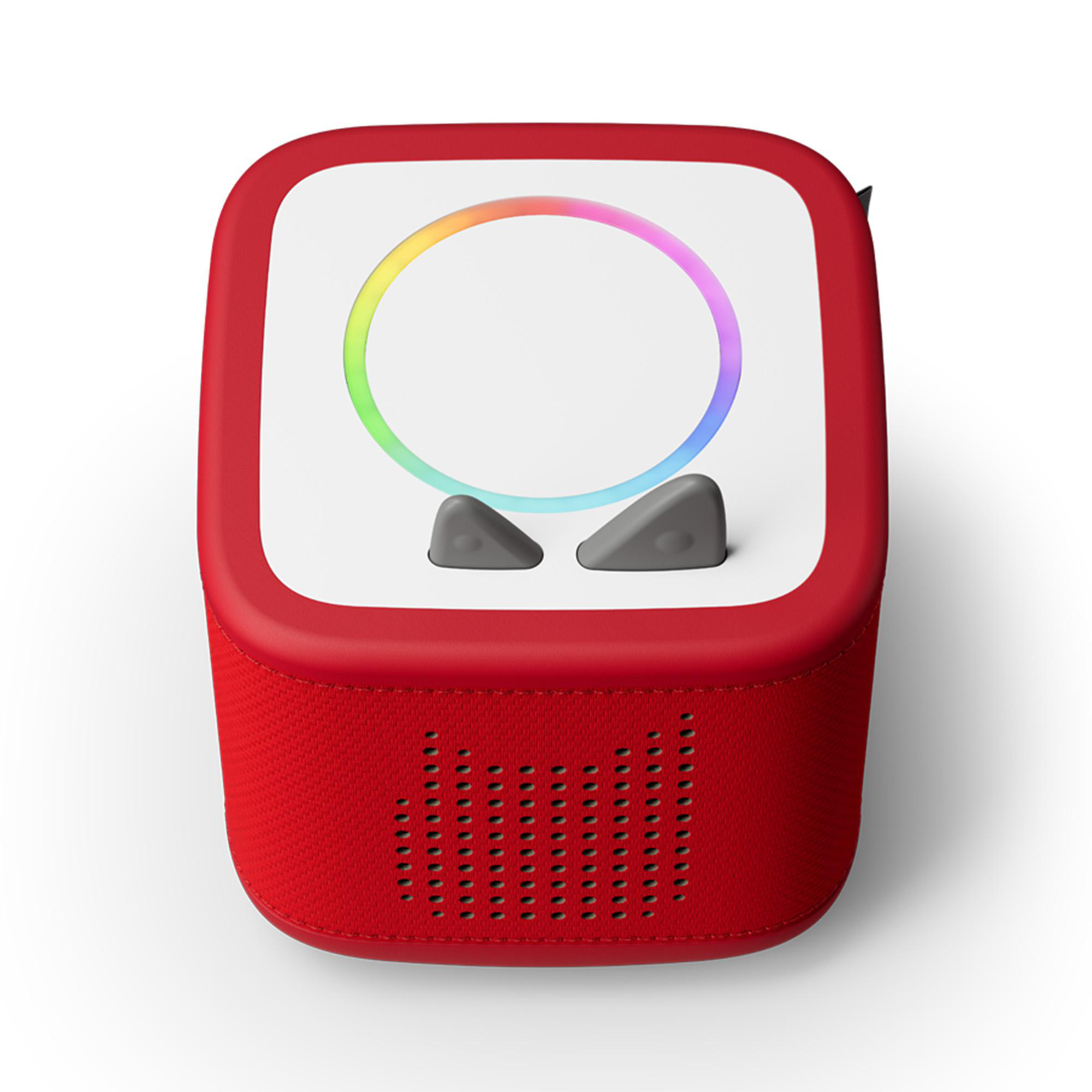 Rotes Audiogerät mit einem Regenbogen-Lichtring und zwei grauen Knöpfen oben. Es hat Lautsprecherlöcher auf der Vorderseite.