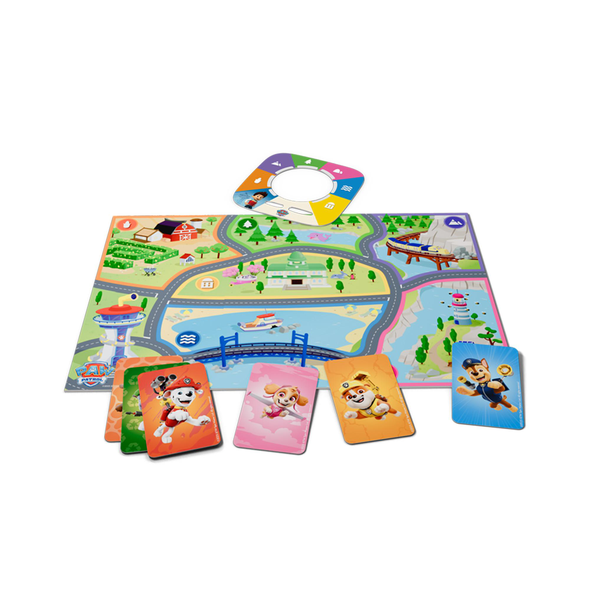 Paw Patrol Brettspiel mit Karten. Das Spielbrett zeigt eine Karte mit Straßen, Gebäuden und Meer. Karten zeigen die Charaktere.