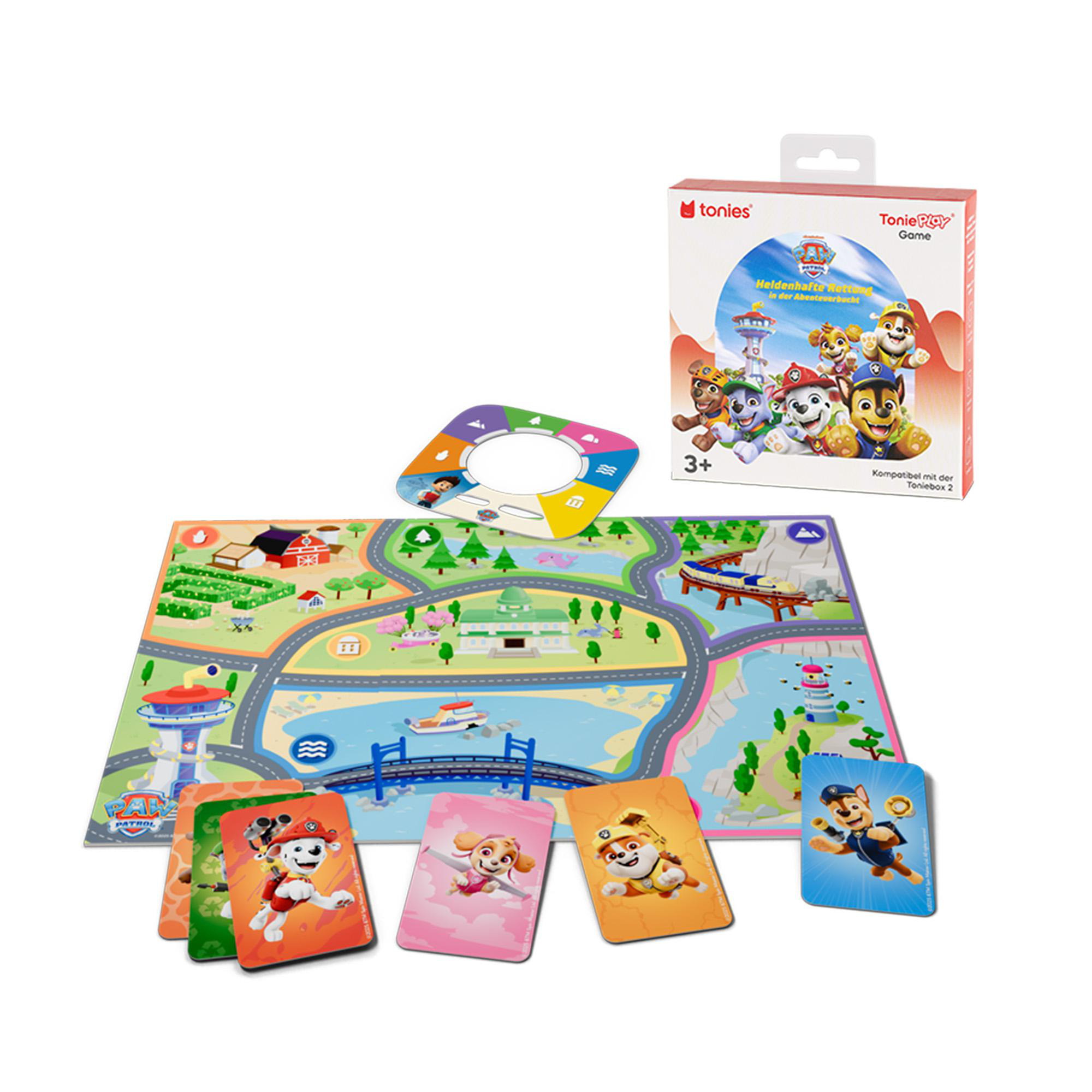 Paw Patrol Brettspiel-Set mit Spielbrett, Karten und einer Box mit Zeichentrickfiguren. Enthält ein Spielbrett und Karten.