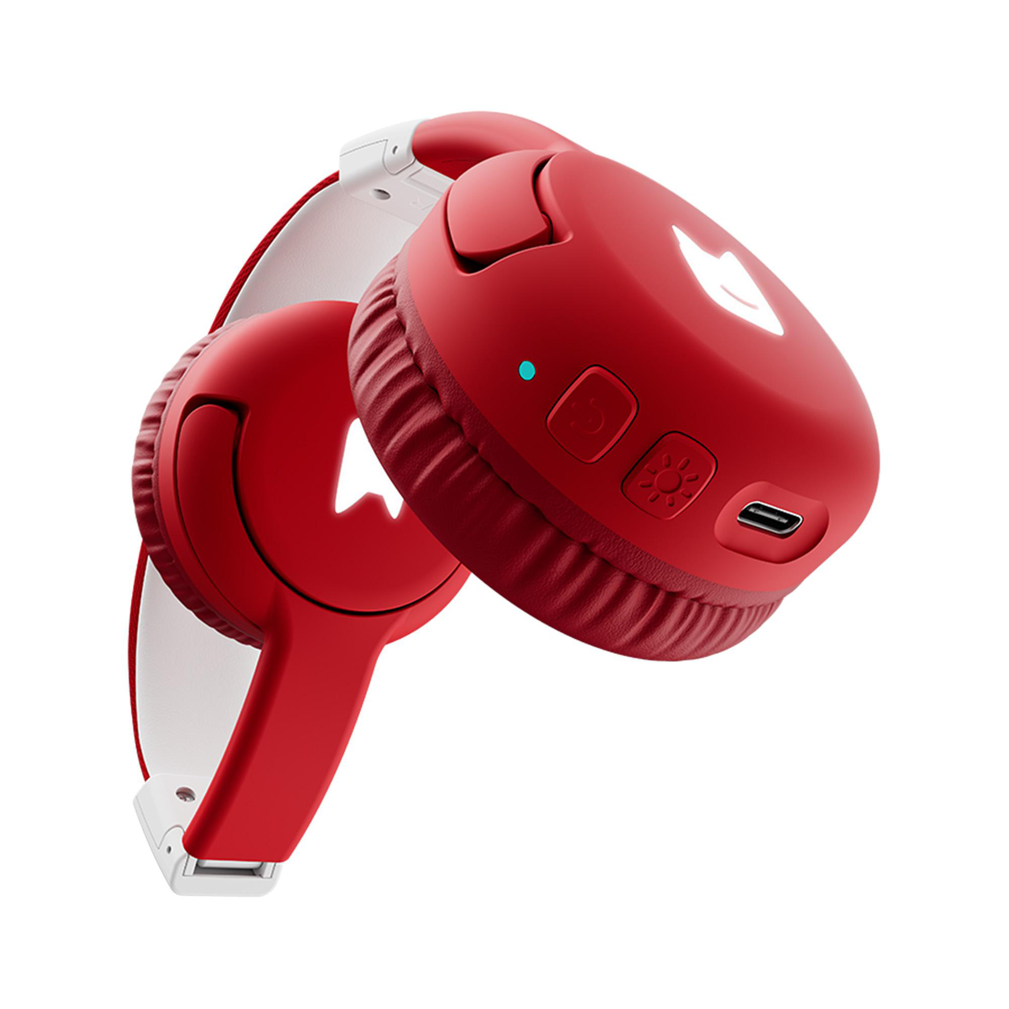 Rote Kopfhörer mit weißen Akzenten. Knöpfe und ein USB-Anschluss sind sichtbar. Ein weißes Logo befindet sich auf den Ohrmuscheln.