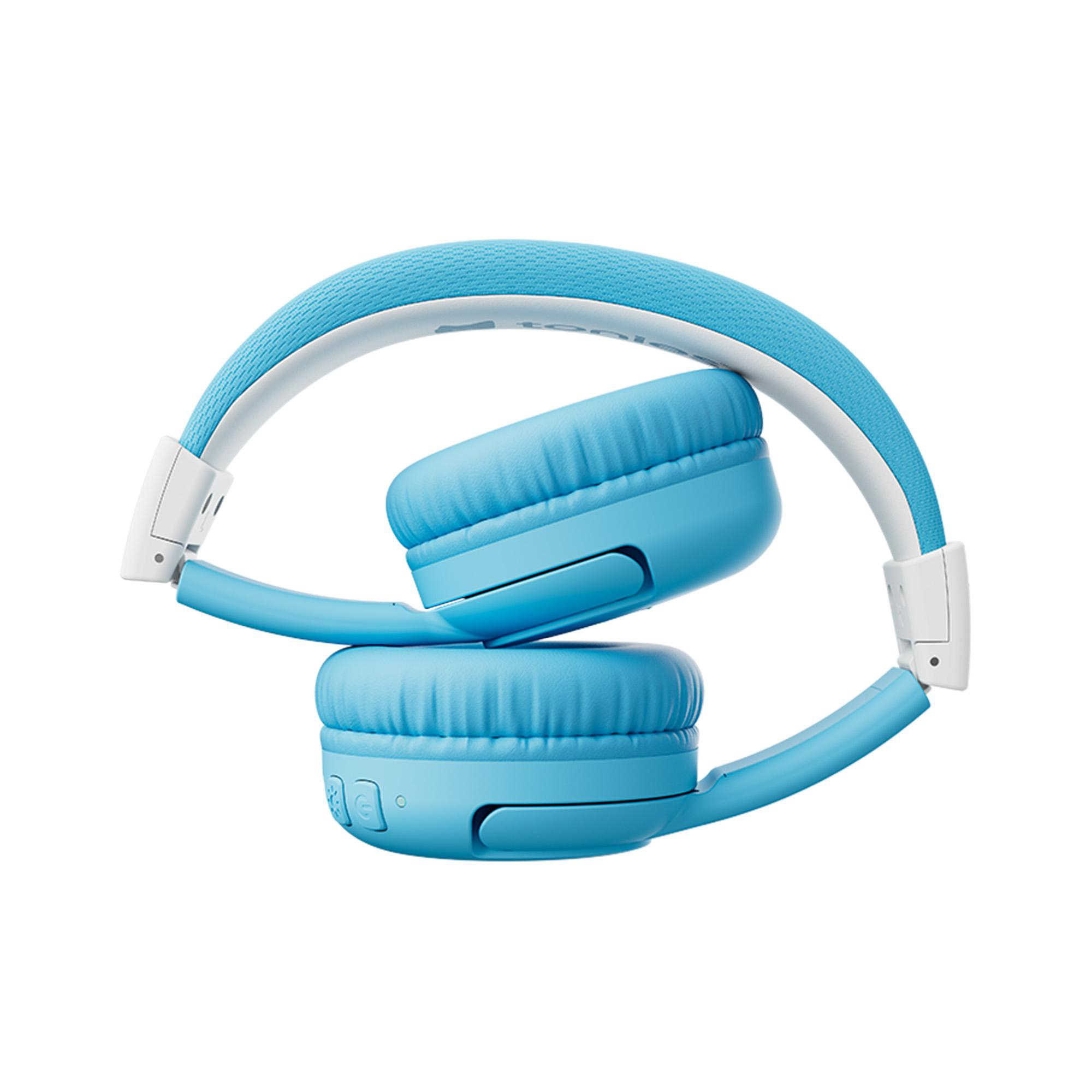 Blaue Kopfhörer sind gefaltet. Das Kopfband ist weiß und blau. Ohrmuscheln sind blau mit Steuertasten.