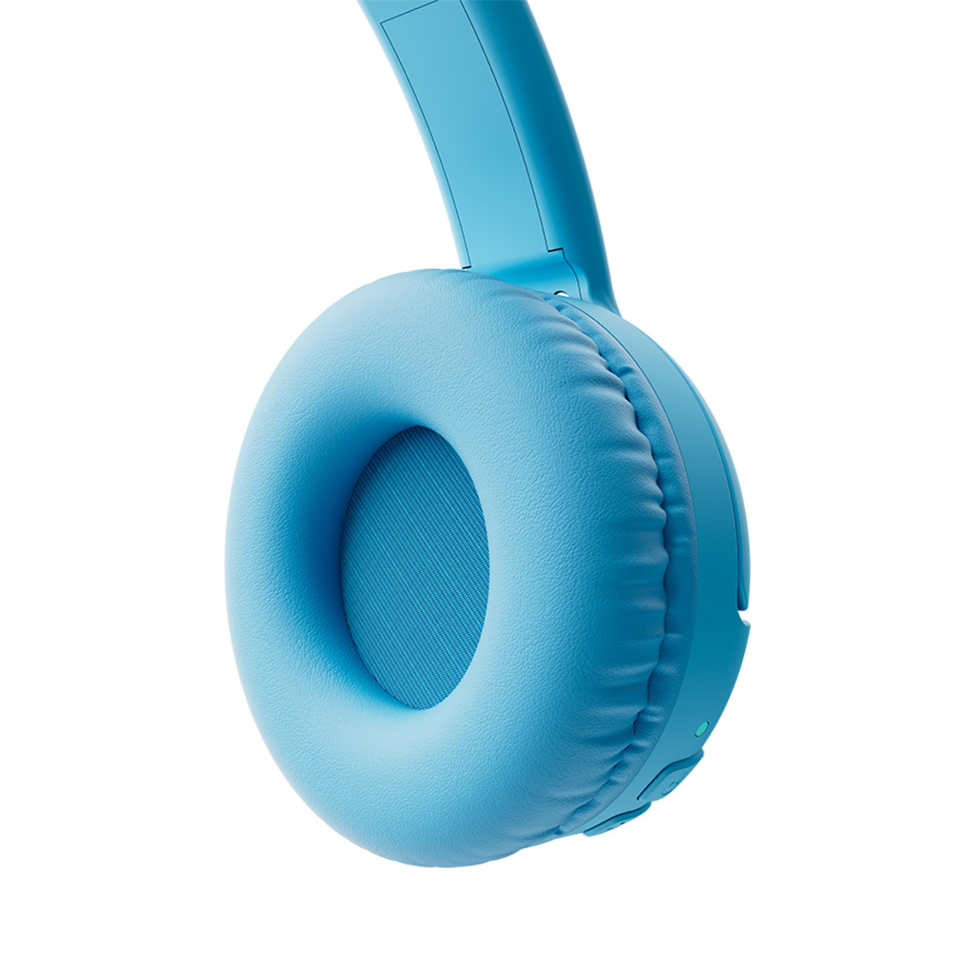 Nahaufnahme eines hellblauen Kopfhörers. Die Ohrmuschel ist ein großer Kreis mit einem weichen Kissen und einem sichtbaren Innenspeaker.