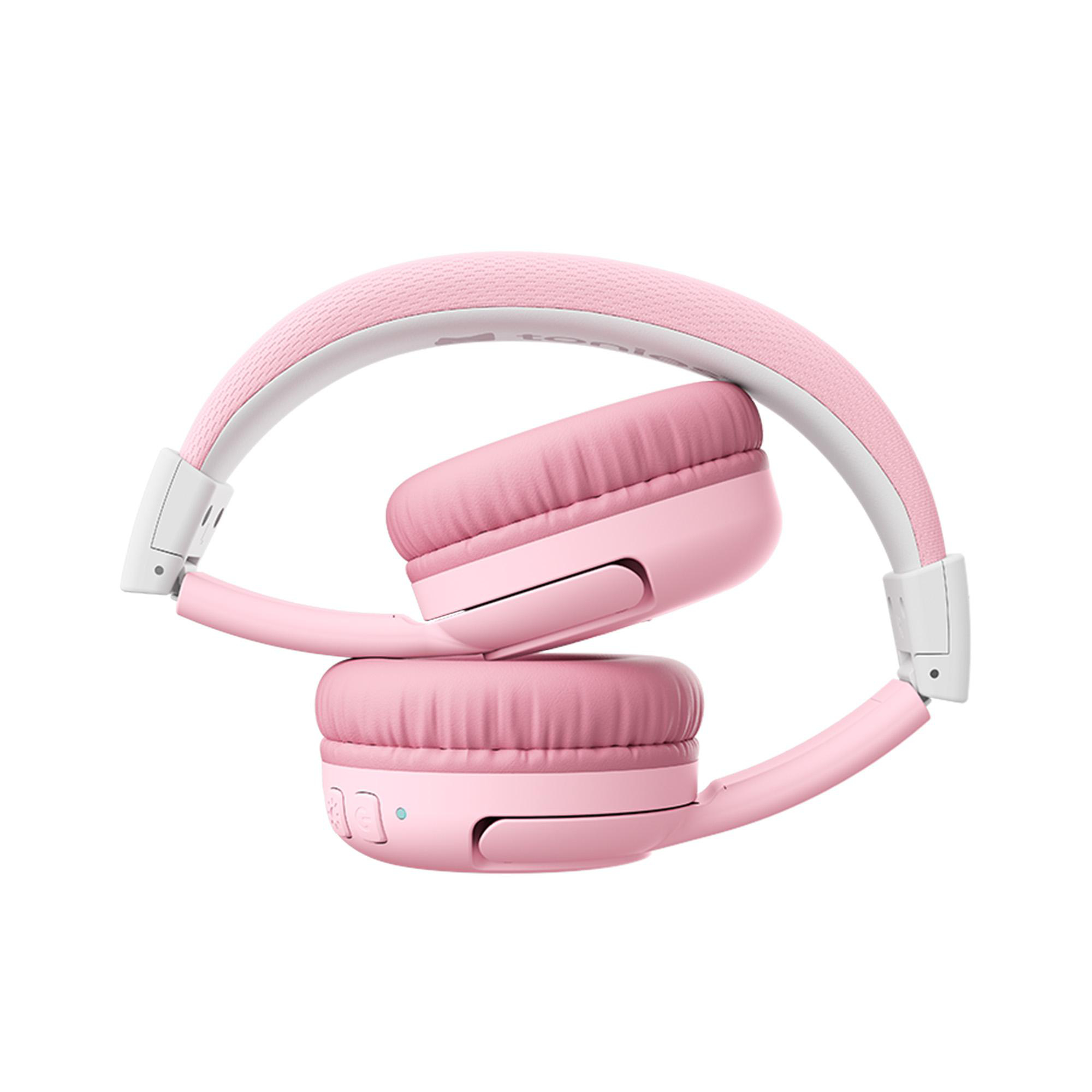 Zusammengefaltete rosa Kopfhörer, die Ohrmuscheln und das Kopfband zeigen. Das Kopfband hat eine weiße Innenseite und eine rosa Außenseite.