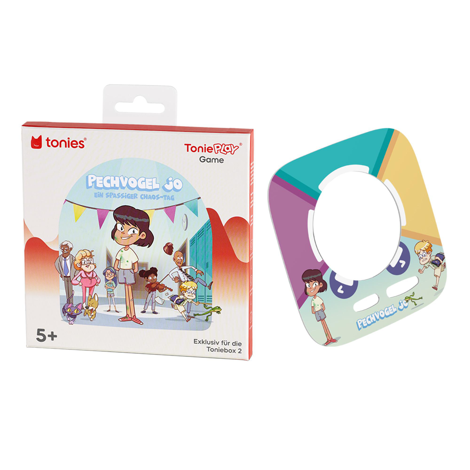 Eine Tonie Play-Spielbox und ein geformtes Spielteil sind abgebildet. Die Box zeigt Zeichentrickfiguren, Text und eine Altersangabe von 5+.