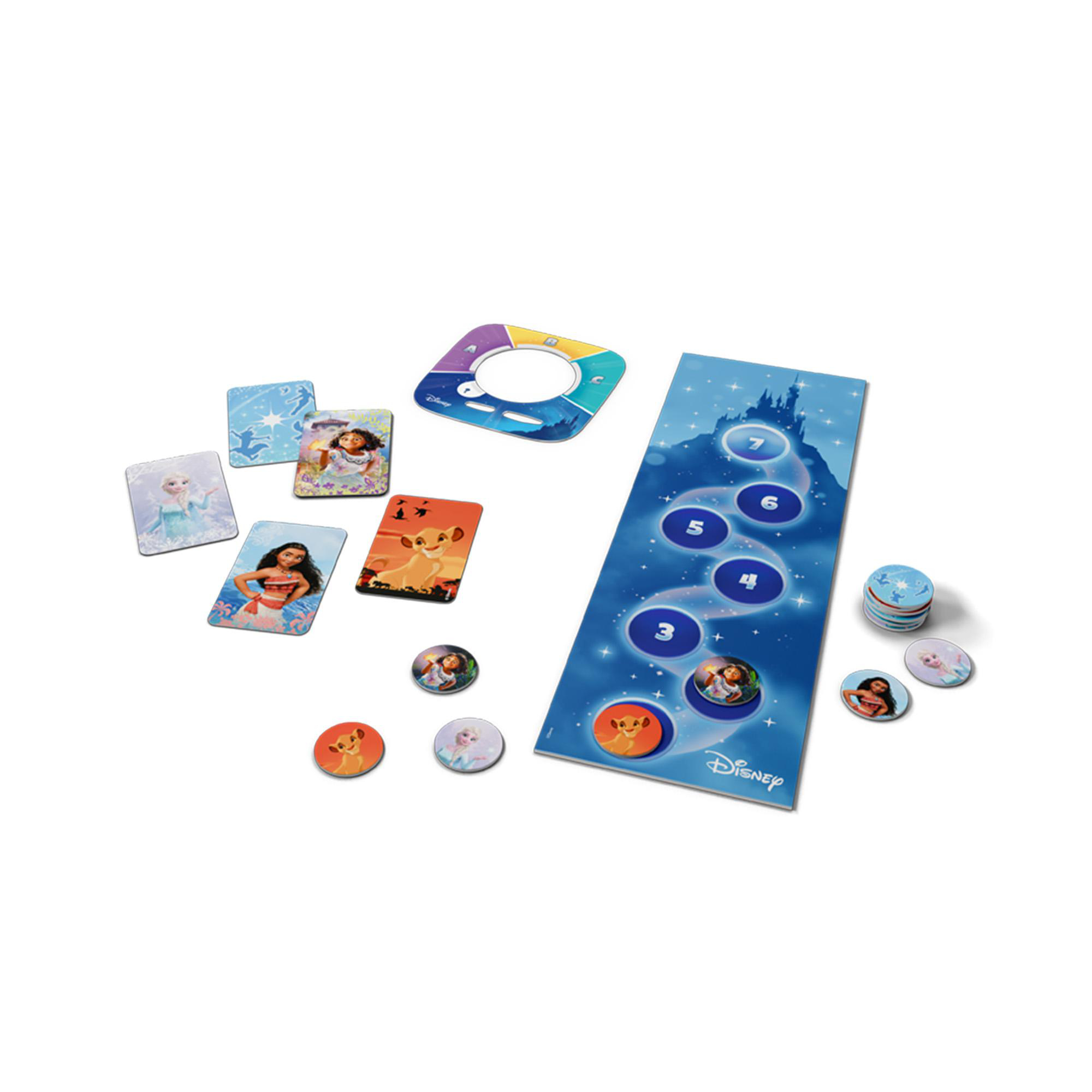 Disney-Brettspiel mit Karten und Spielsteinen, mit Figuren wie Elsa, Moana und Simba auf blauem, sternenübersätem Hintergrund.