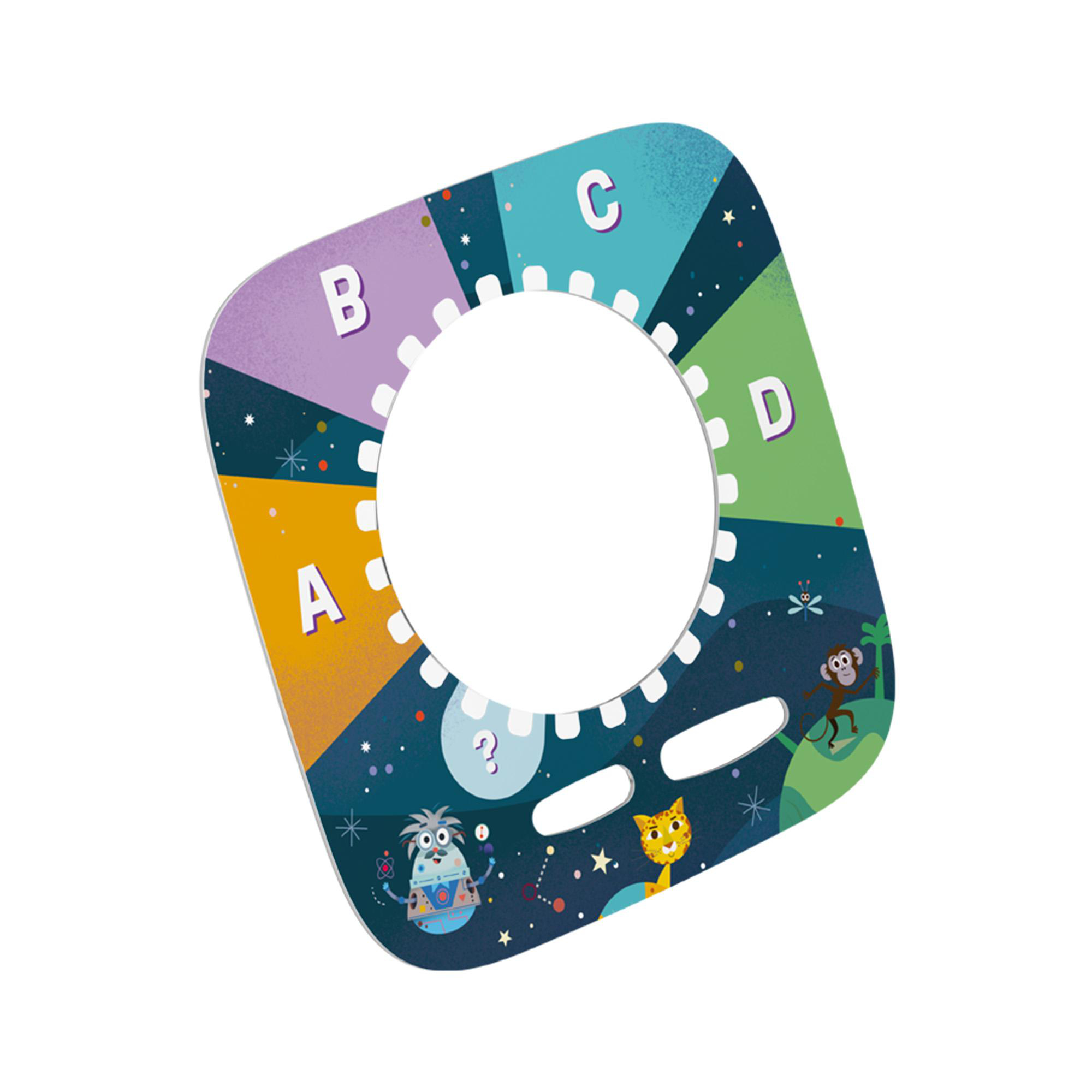 Ein lehrreiches Spielzeug mit Buchstaben, einem Roboter, einer Katze und einem Affen. Buntes Design mit Sternen und Fragezeichen.