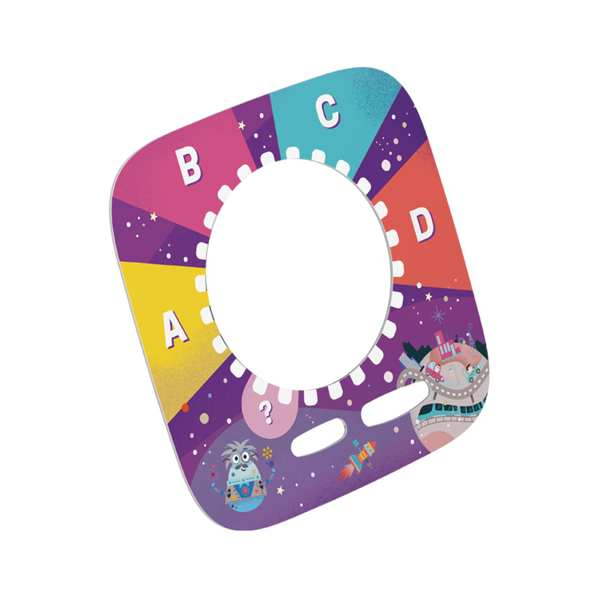 Farbenfrohes kreisförmiges Spielteil mit den Buchstaben A, B, C und D. Mit Roboter, Rakete und Stadtszene.