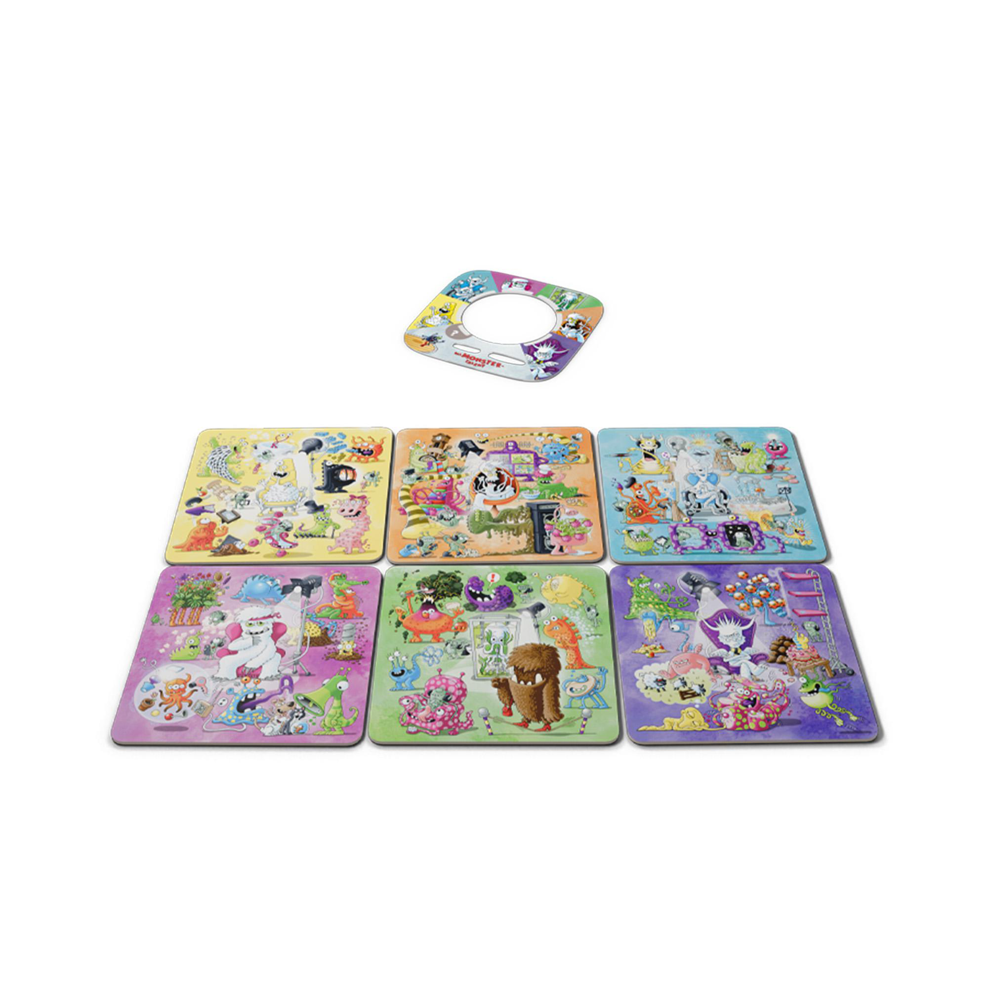 Ein Puzzleset zum Thema Monster mit einem kreisförmigen Mittelstück und sechs quadratischen Puzzles mit farbenfrohen Monsterillustrationen.