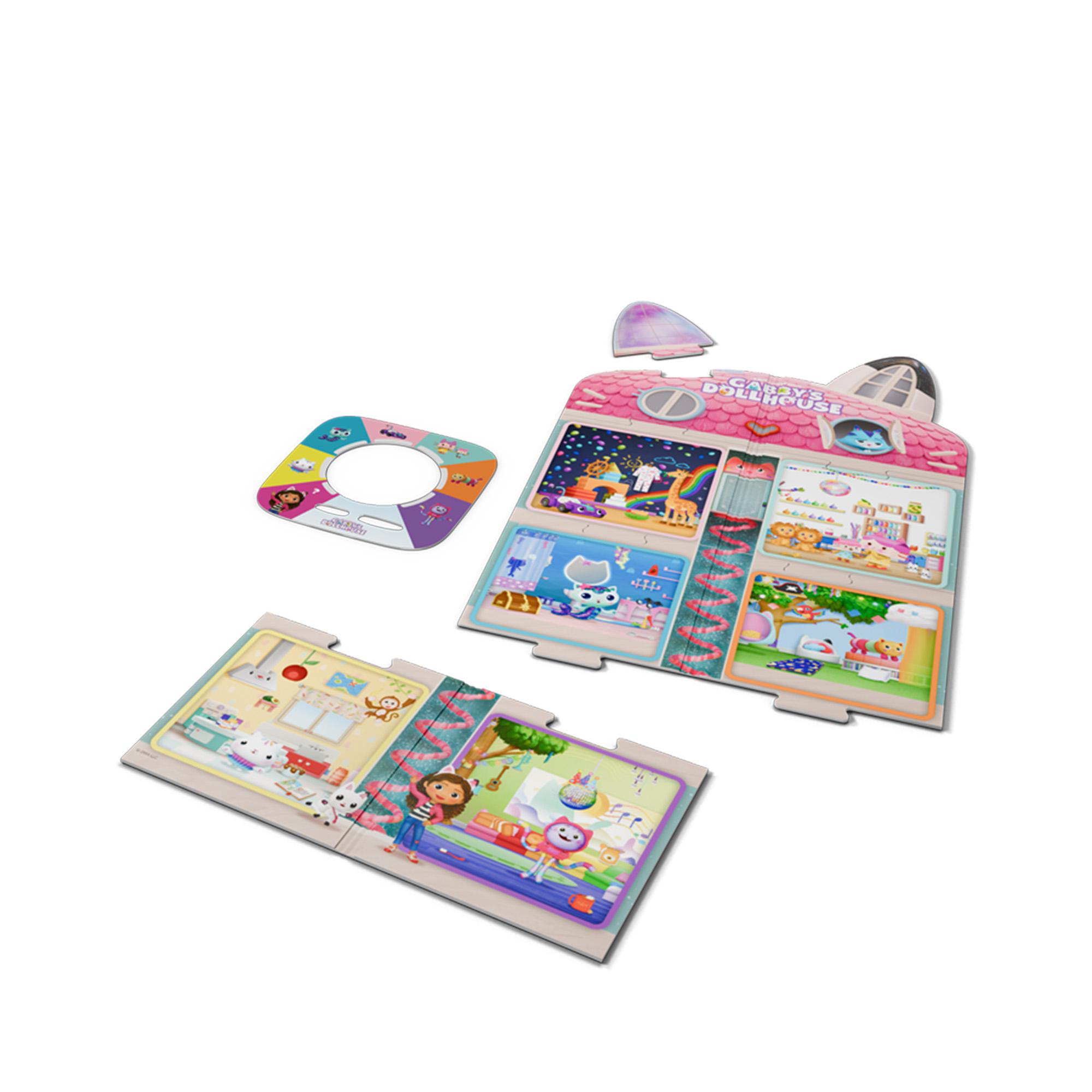 Ein Gabby's Dollhouse-Spielset wird mit verschiedenen Räumen und Charakteren vor weißem Hintergrund gezeigt.