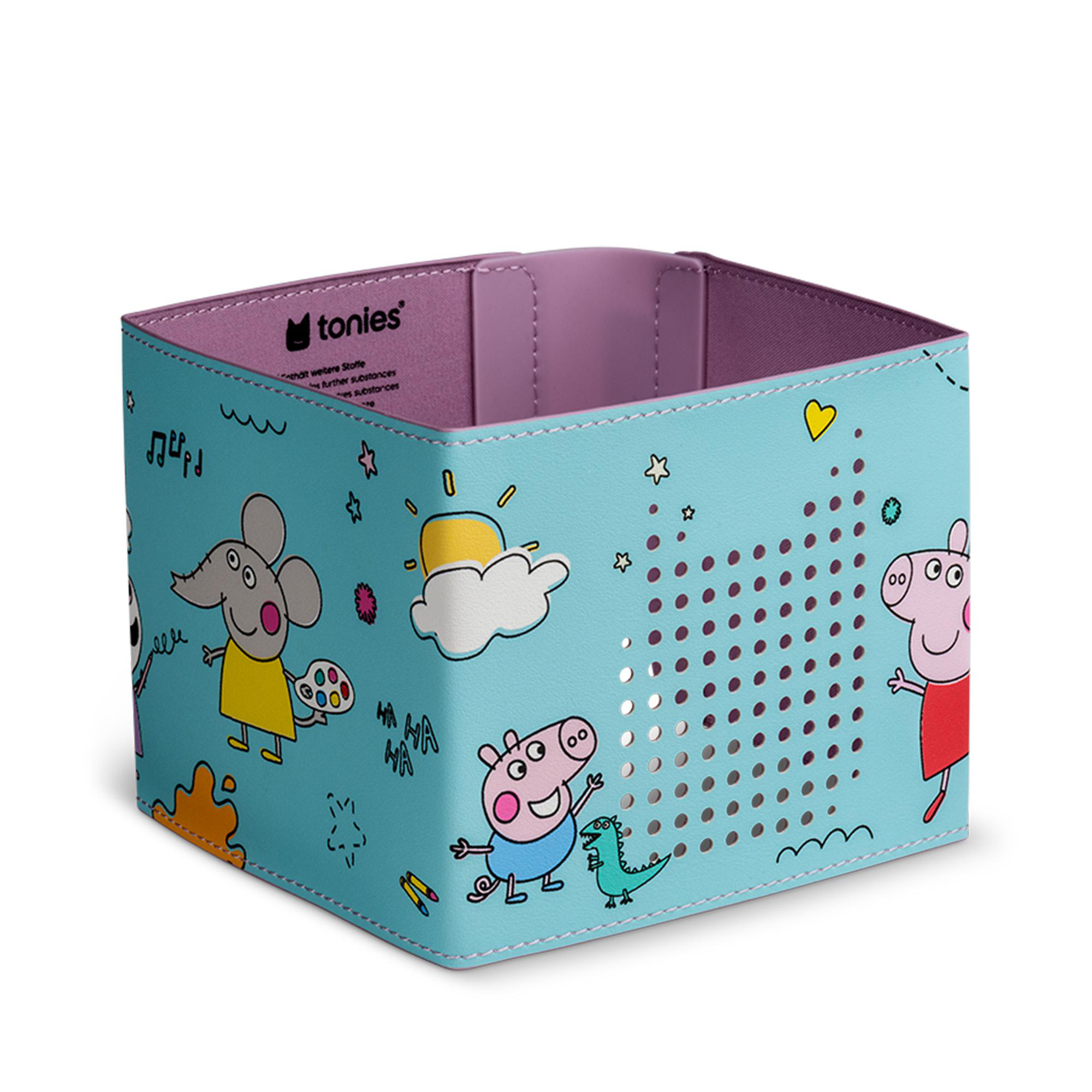 Eine blaue quadratische Aufbewahrungsbox mit Cartoonfiguren. Innen ist es lila. Zu den Figuren gehören eine Maus, Peppa Wutz und ein Dinosaurier.
