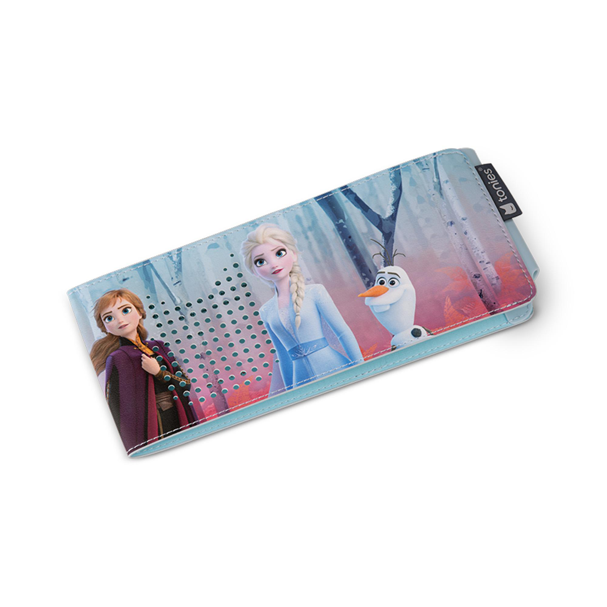 Ein Federmäppchen mit Figuren aus Frozen. Anna, Elsa und Olaf sind abgebildet. Der Hintergrund zeigt einen Wald mit Farbverlauf.