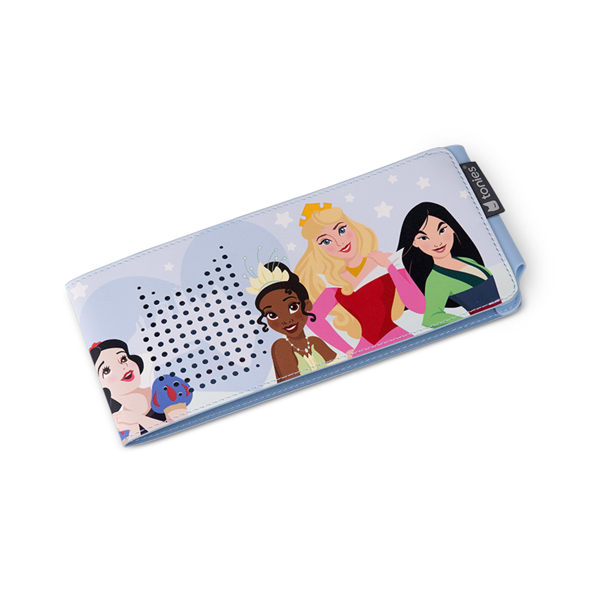 Ein Federmäppchen mit Disney-Prinzessinnen: Schneewittchen, Tiana, Aurora und Mulan. Hellblauer Hintergrund mit Sternen und Punkten.