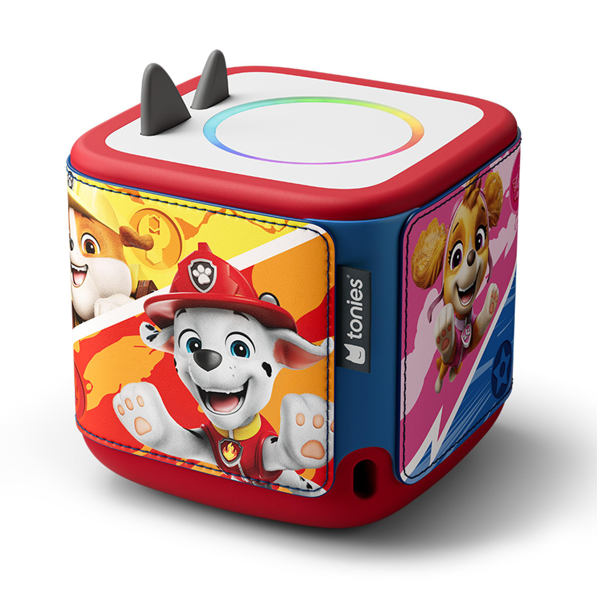 Eine rot, blau und weiß würfelförmige Toniebox mit Paw Patrol-Figuren. Sie hat zwei graue Ohren und ein Regenbogenlicht.