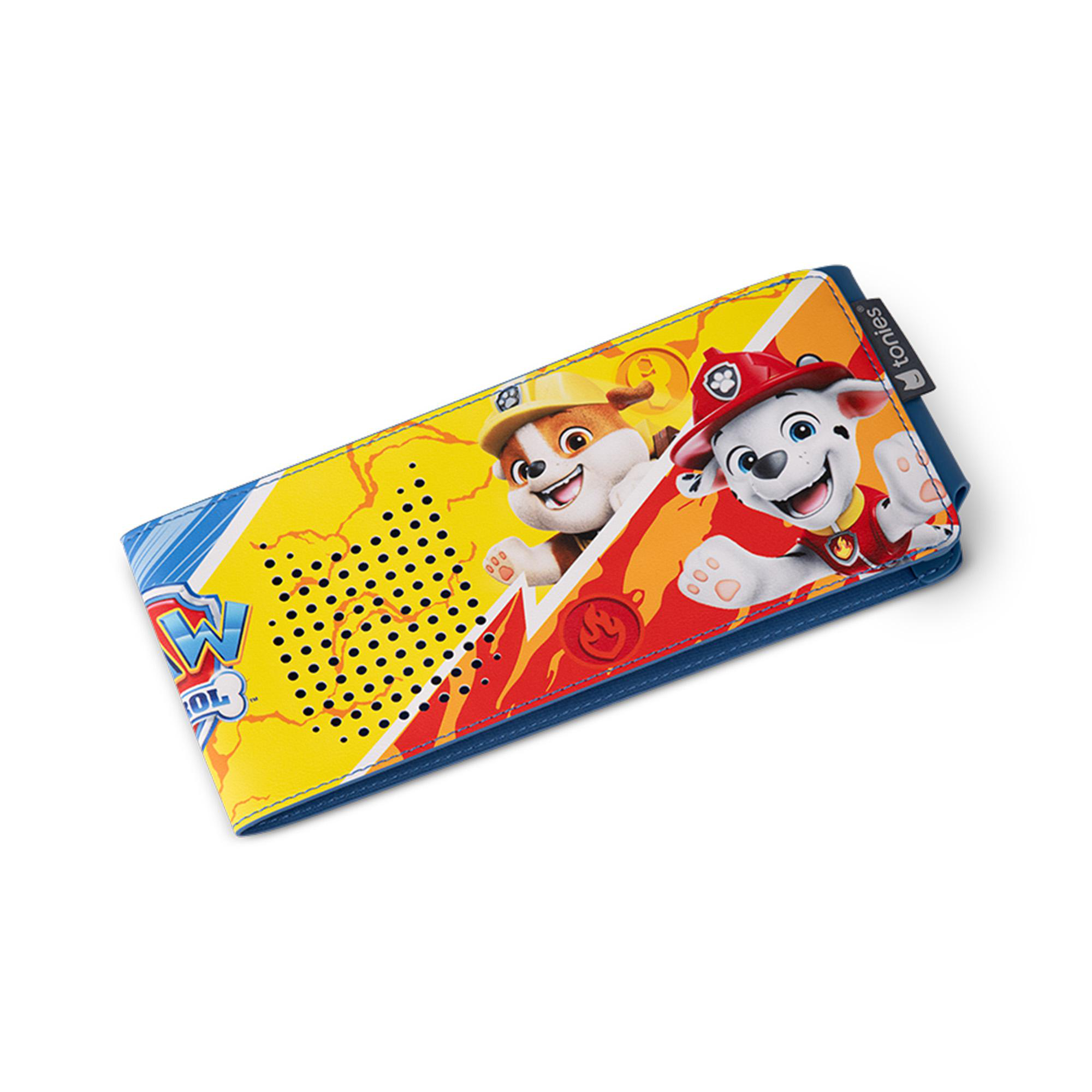 Rechteckige Paw Patrol-Hülle mit zwei Zeichentrickhunden. Gelb, rot und blau dominieren. Weißer Hintergrund.