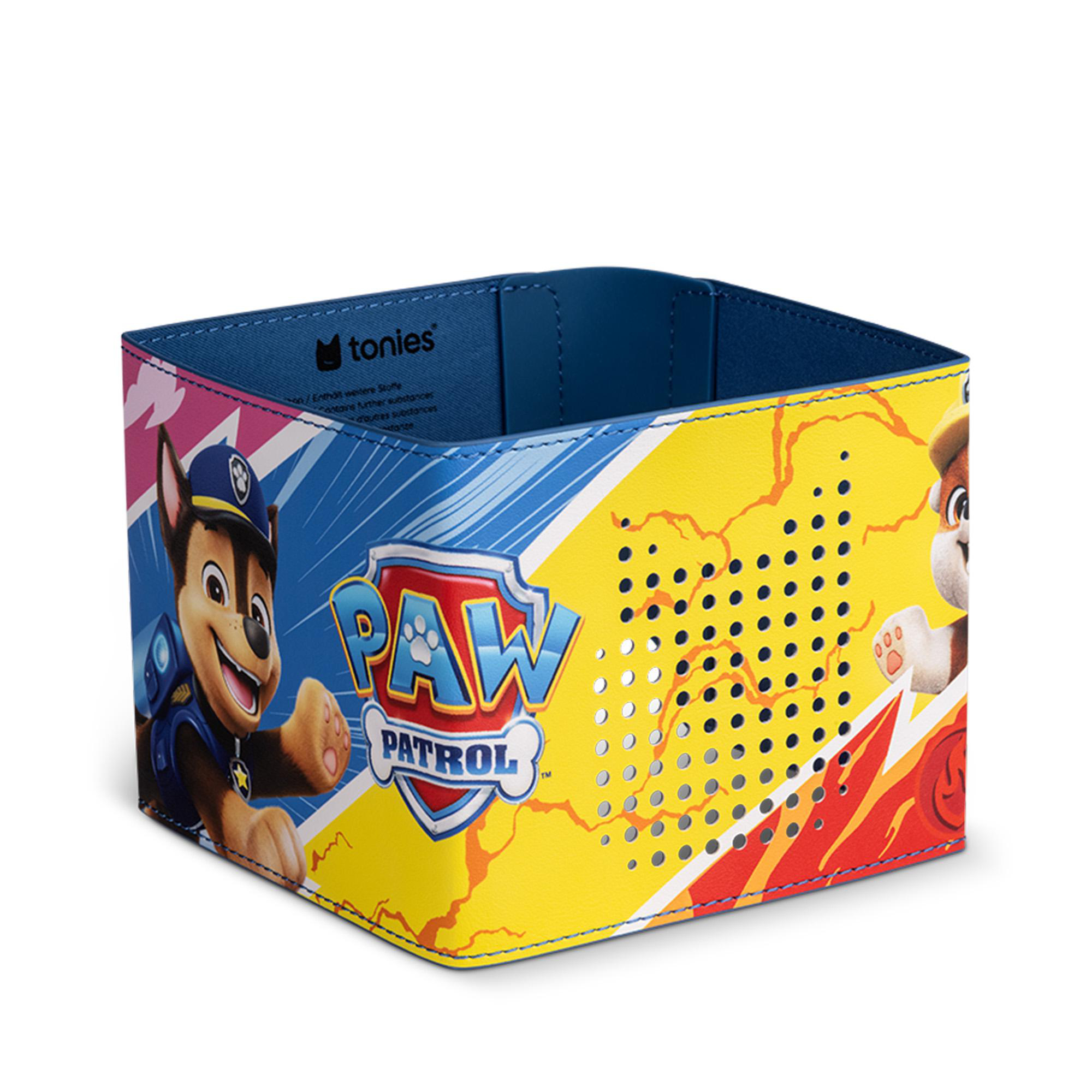Eine Paw Patrol-Box zeigt Chase und Marshall. Die Box ist gelb und blau mit dem Paw Patrol-Logo und dem Wort tonies.