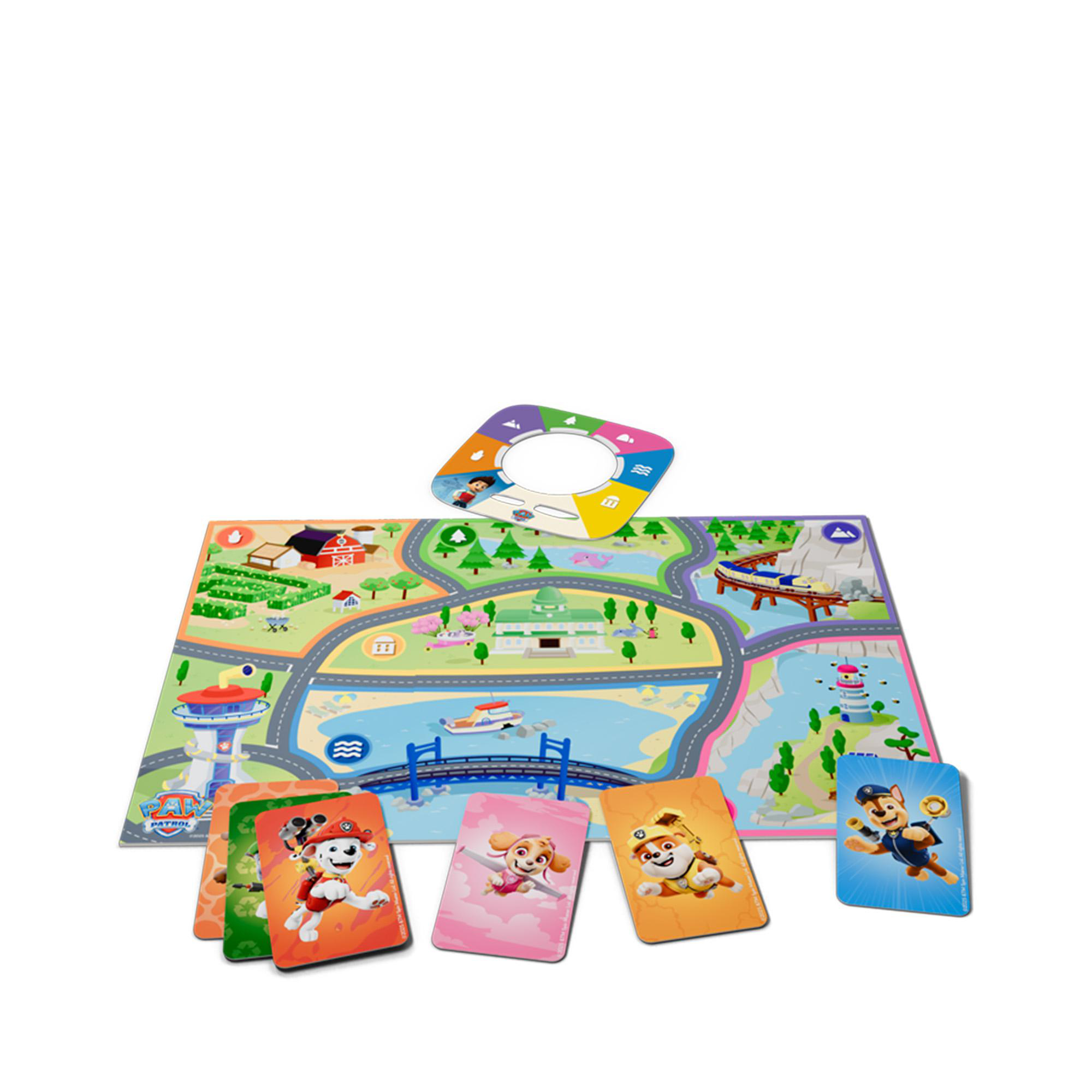 Paw Patrol Brettspiel mit Karten. Ein Spielbrett zeigt eine Stadt mit Straßen und Gebäuden. Mehrere Karten mit Paw Patrol-Charakteren sind vorhanden.