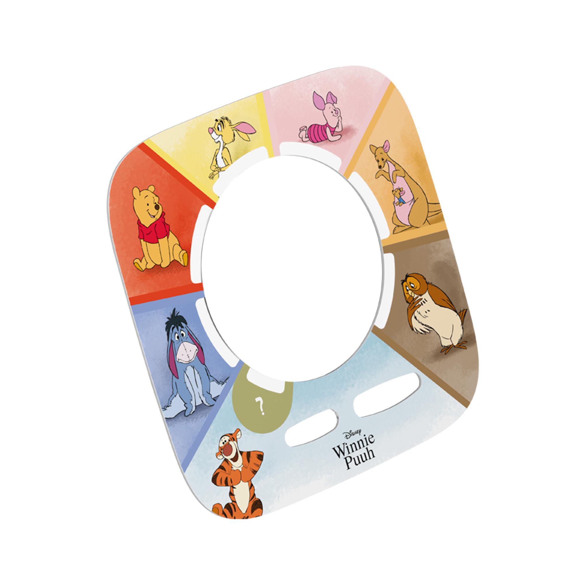 Winnie-the-Pooh-Spielzeug mit Figuren wie Puuh, Piglet, Tigger, Eeyore und anderen in farbigen Segmenten.