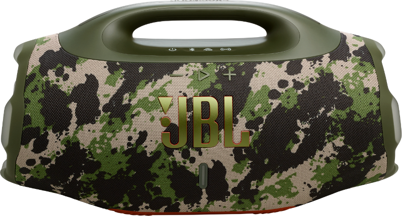 JBL Boombox-Lautsprecher mit Tarnmuster. Grüner Griff, schwarz, grün und beigefarbenes Tarnmuster, mit goldenem JBL-Logo.