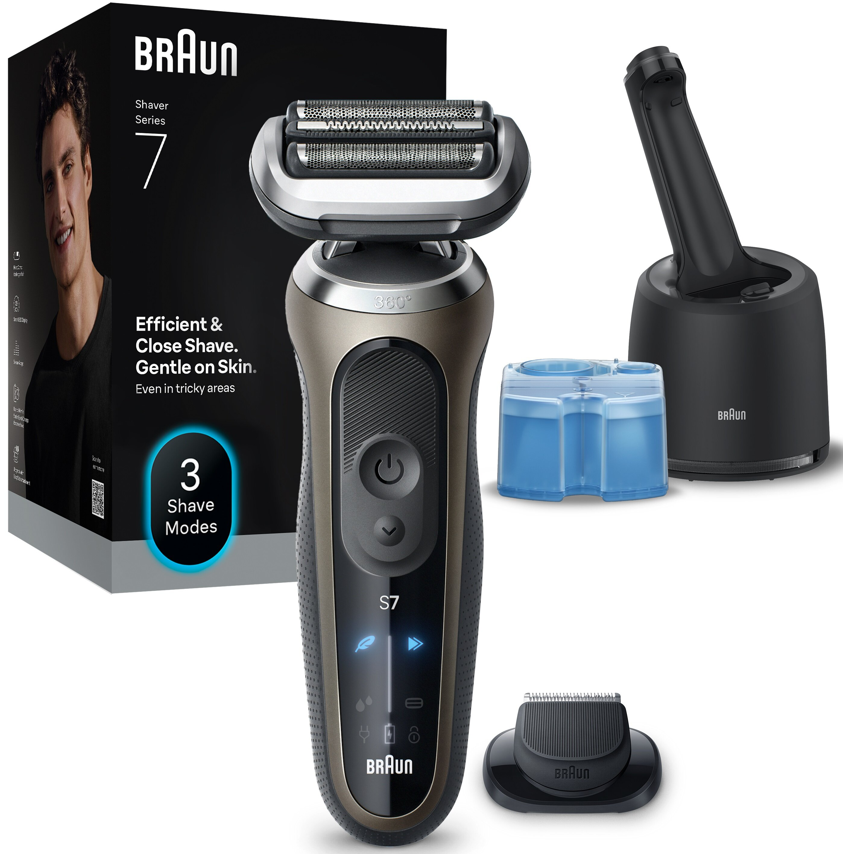Golarka elektryczna Braun Series 7 z akcesoriami. Zawiera stację ładującą, wkłady czyszczące i głowicę.