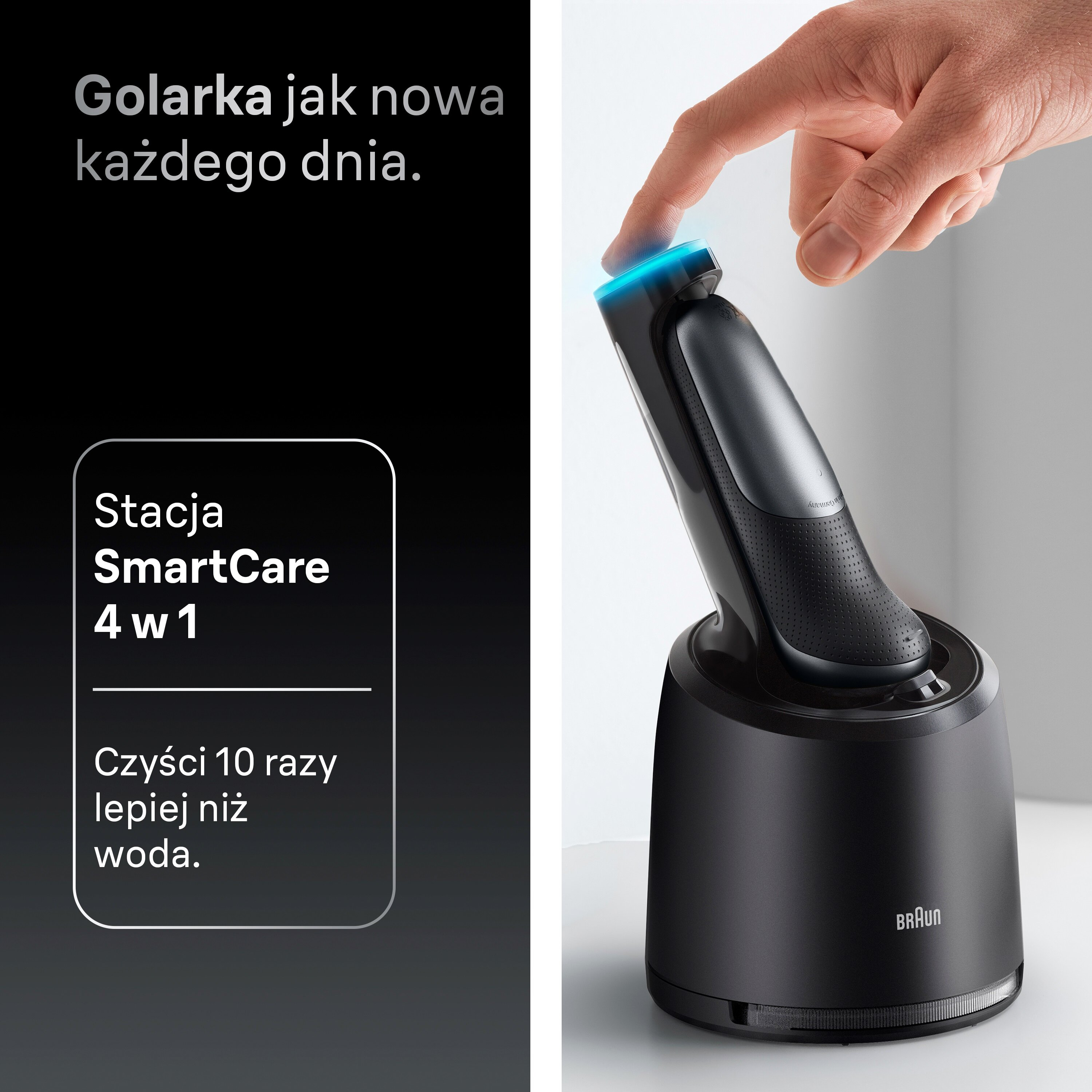 Pokazano czarną golarkę i stację ładującą. Palec dotyka niebieskiego światła golarki. Tekst jest w języku polskim.