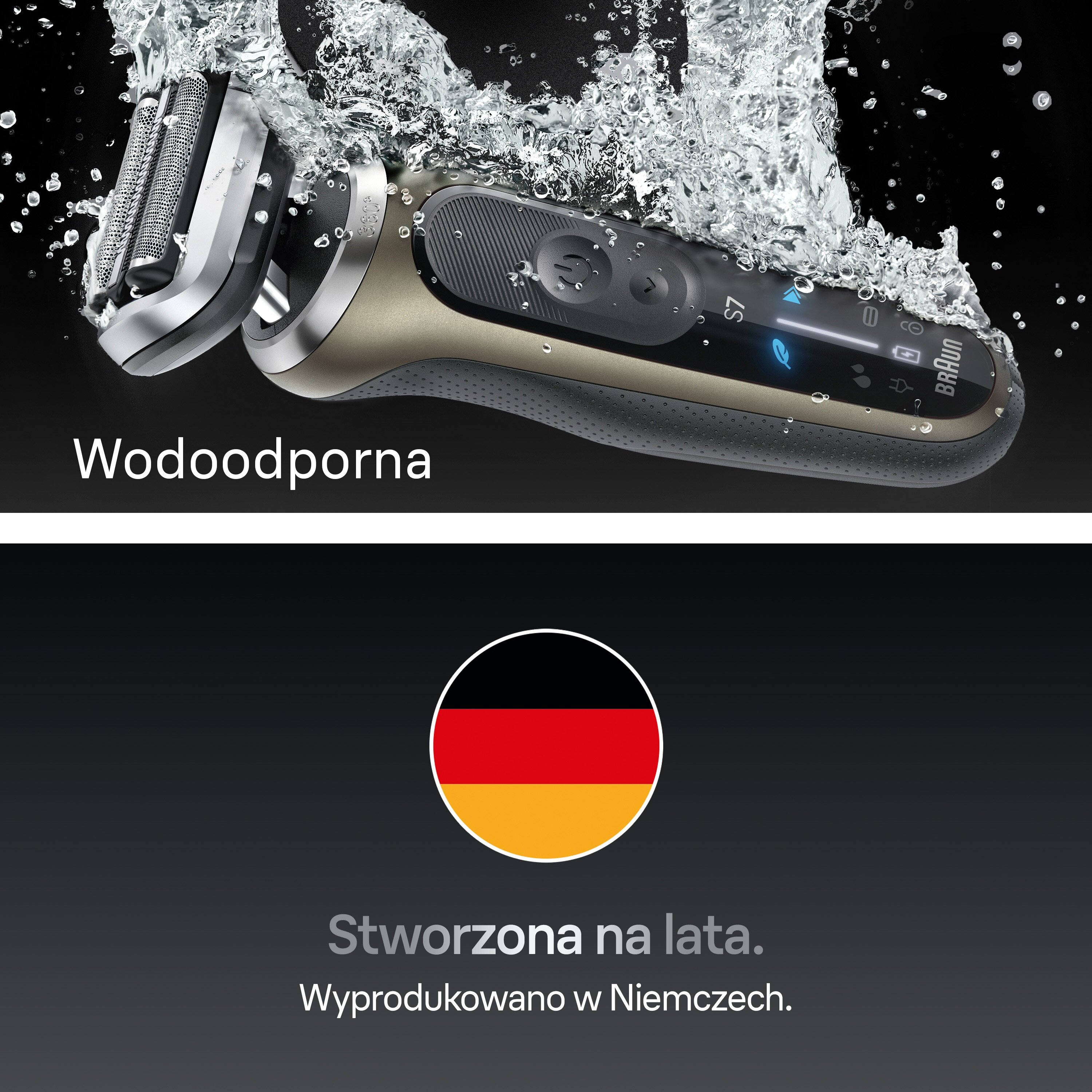 Maszynka Braun w wodzie. Jest wodoodporna. Pokazana jest flaga Niemiec z tekstem: Stworzona na lata, wyprodukowano w Niemczech.