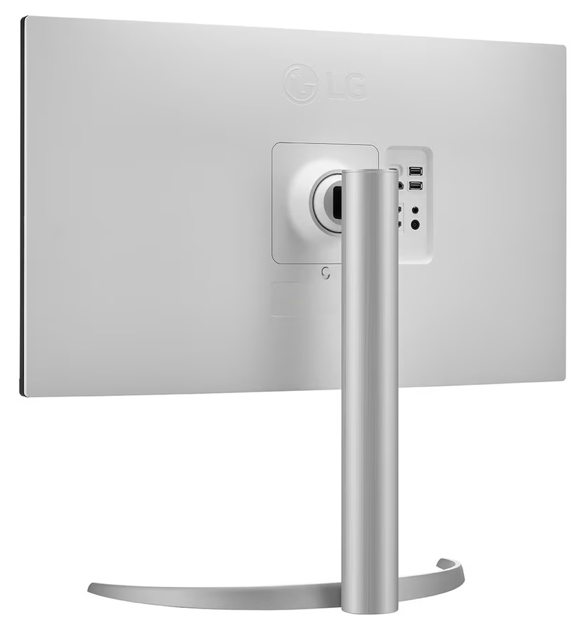 Tył białego monitora LG ze srebrną podstawą i portami. Logo LG widoczne u góry.