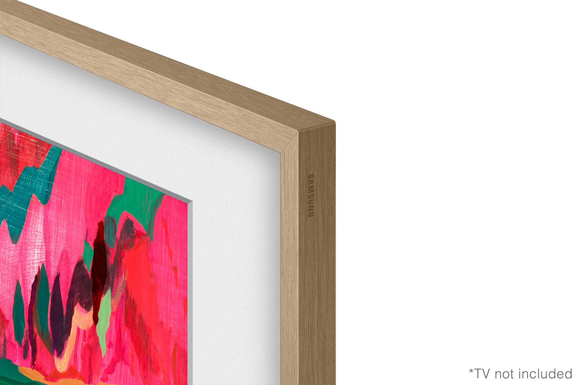 Nahaufnahme eines TV-Rahmens mit abstrakter Kunst. Der Rahmen ist helles Holz. Die Kunst ist pink, grün und schwarz mit weißem Rand.