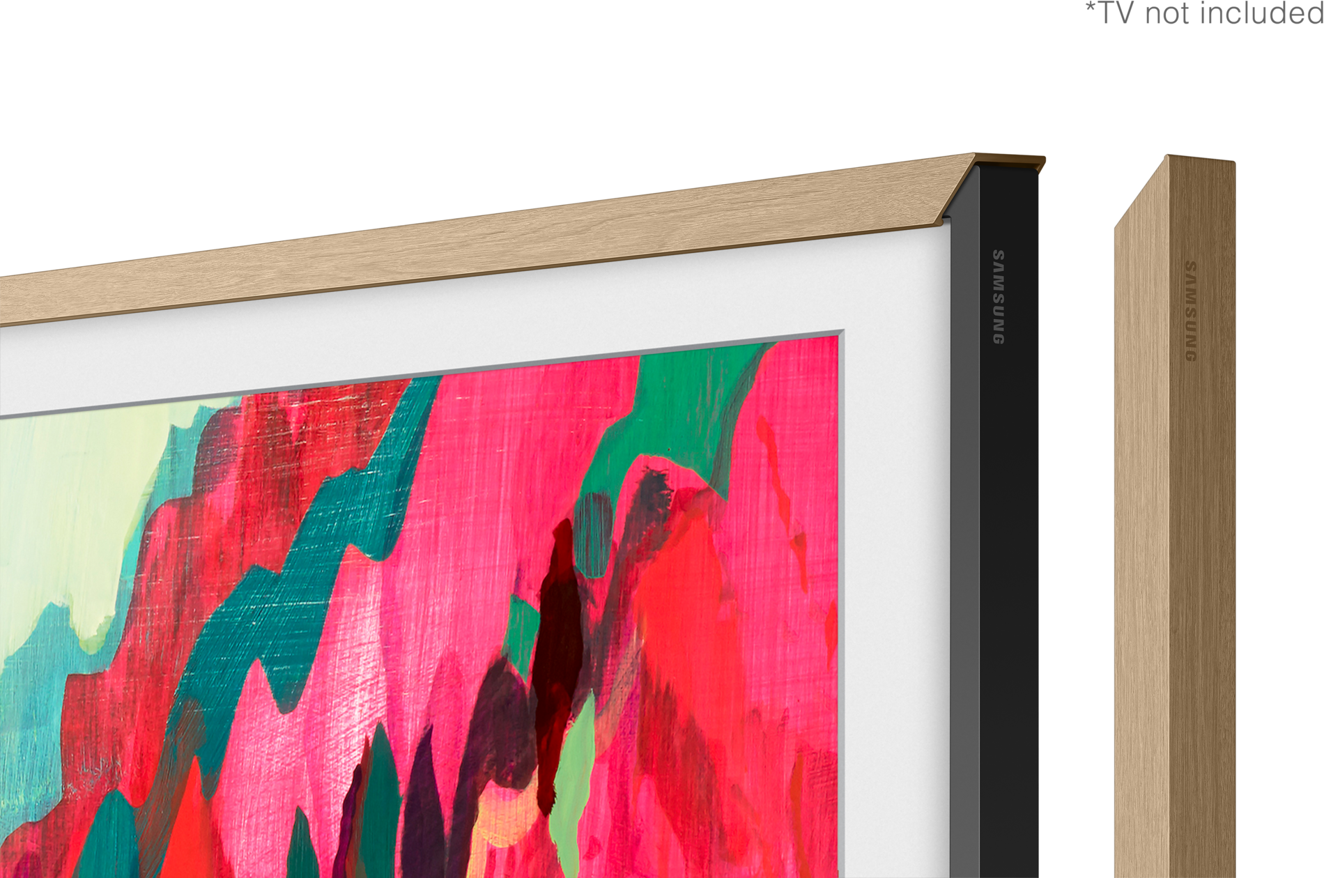Ein abstraktes Gemälde mit roten, grünen und gelben Strichen. Ein Holzrahmen umgibt die Kunst, mit einer schwarzen und hölzernen Seitenwand.