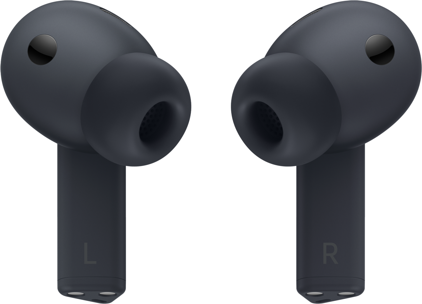 Deux écouteurs sans fil gris foncé, étiquetés 'L' et 'R'. Chacun a un dessus arrondi et une tige. Le fond est noir.