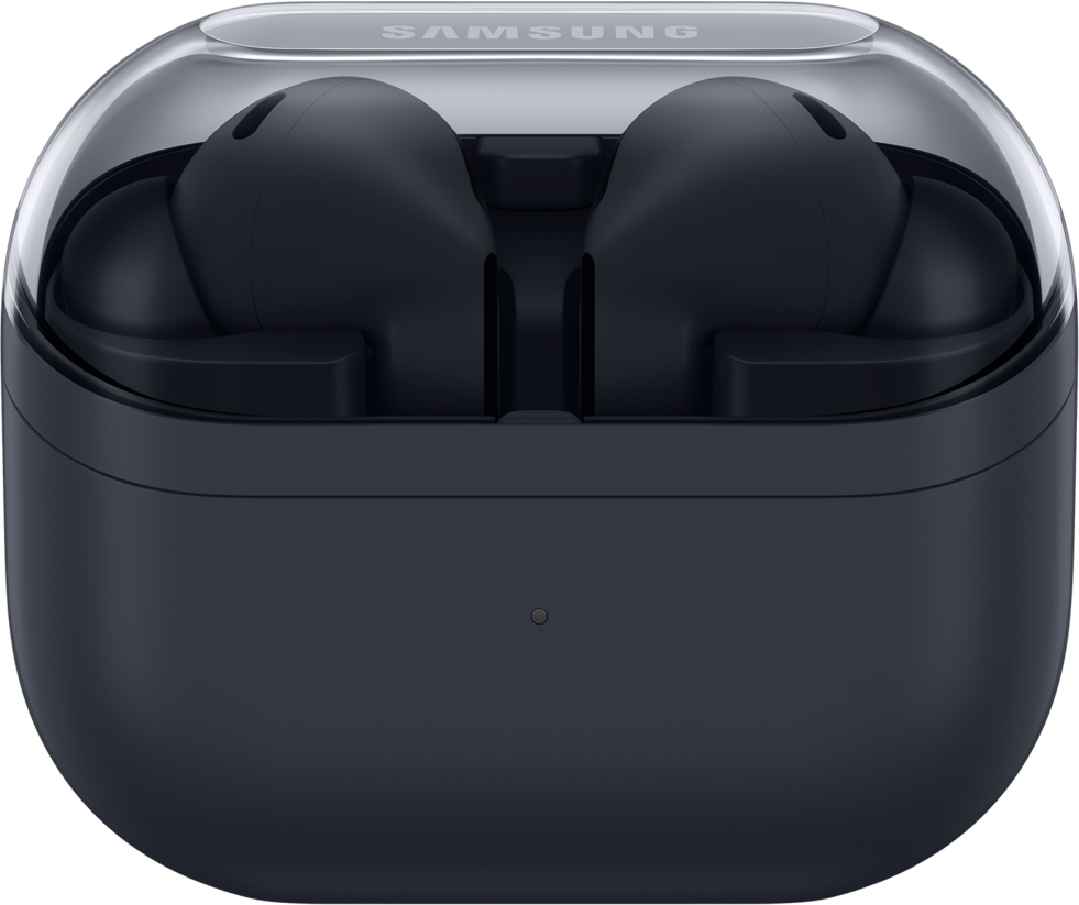 Écouteurs Samsung noirs à l'intérieur d'un étui de chargement. L'étui a un couvercle transparent et le logo Samsung est visible en haut.