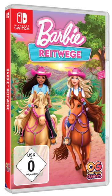 Spiel-Cover: Barbie reitet auf Pferden. Zwei Mädchen mit rosa Hüten reiten auf Pferden. Titel lautet 'Barbie REITWEGE'.