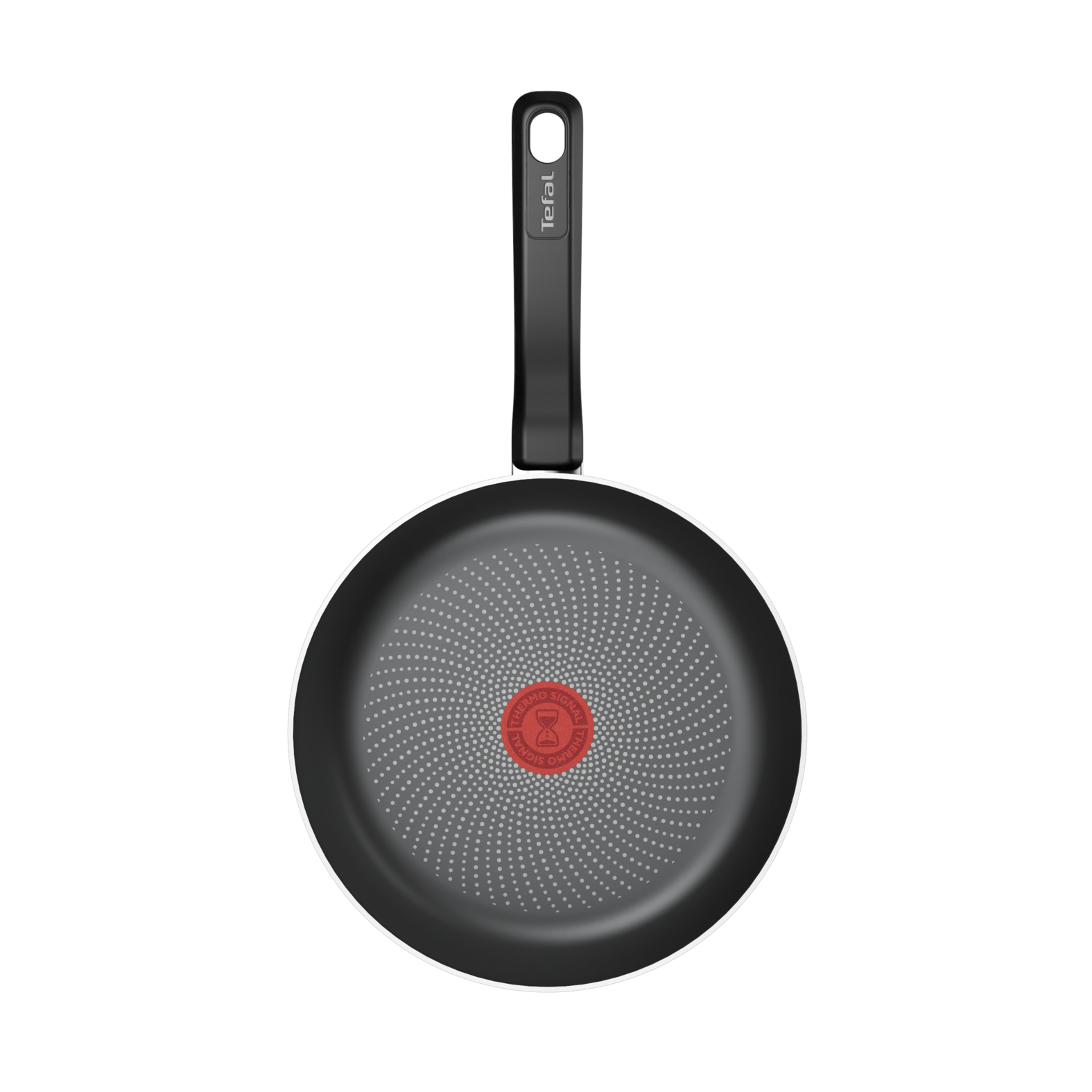 Egy fekete Tefal serpenyő fekete fogantyúval. A serpenyő kerek, fehér peremmel és piros Thermo-Signal-lal.