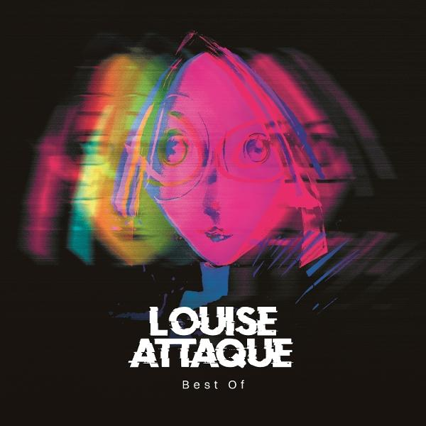 Pochette d'album avec un visage stylisé et coloré portant des lunettes. Le texte indique "Louise Attaque Best Of" sur fond noir.