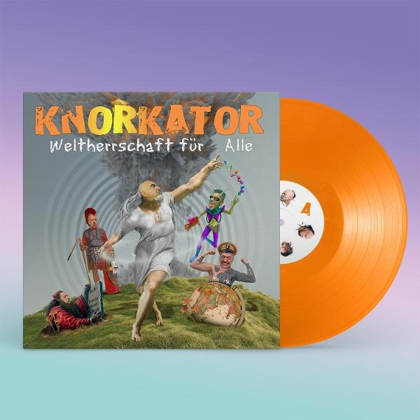 Albumcover mit dem Titel 'Knorkator'. Orangefarbene Schallplatte. Artwork zeigt verschiedene Figuren, Explosionshintergrund.